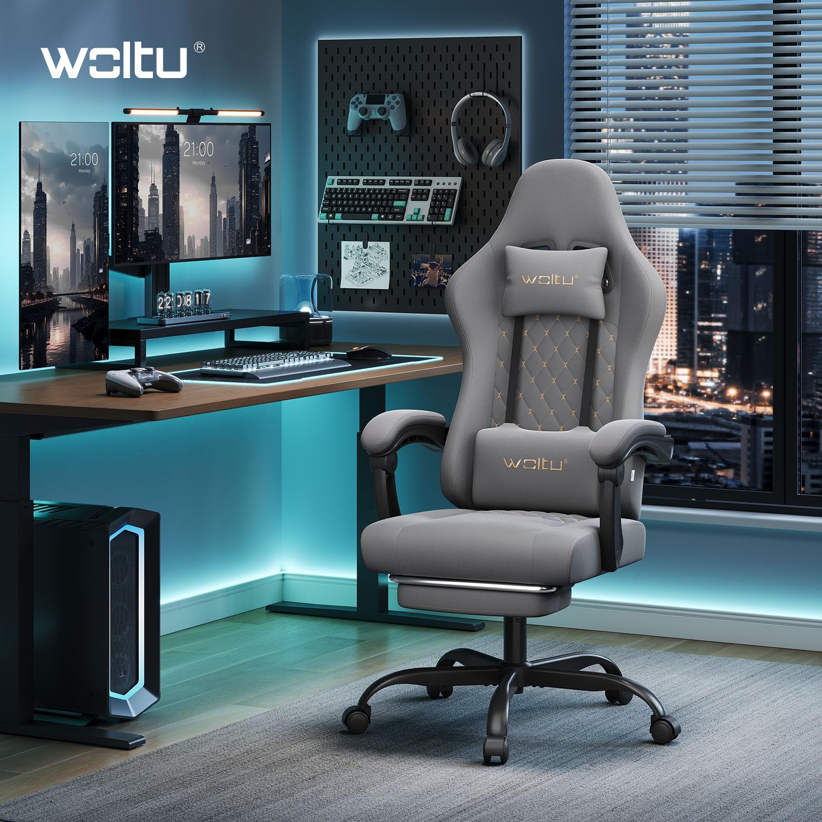 WOLTU Chaise Gaming Massante, Chaise Bureau Ergonomique, avec Coussin à Ressorts, Soutien Lombaire Massant, Appui-tête, Repose-Pieds, Tissu Maille, Charge 150kg, Gris+Jaune