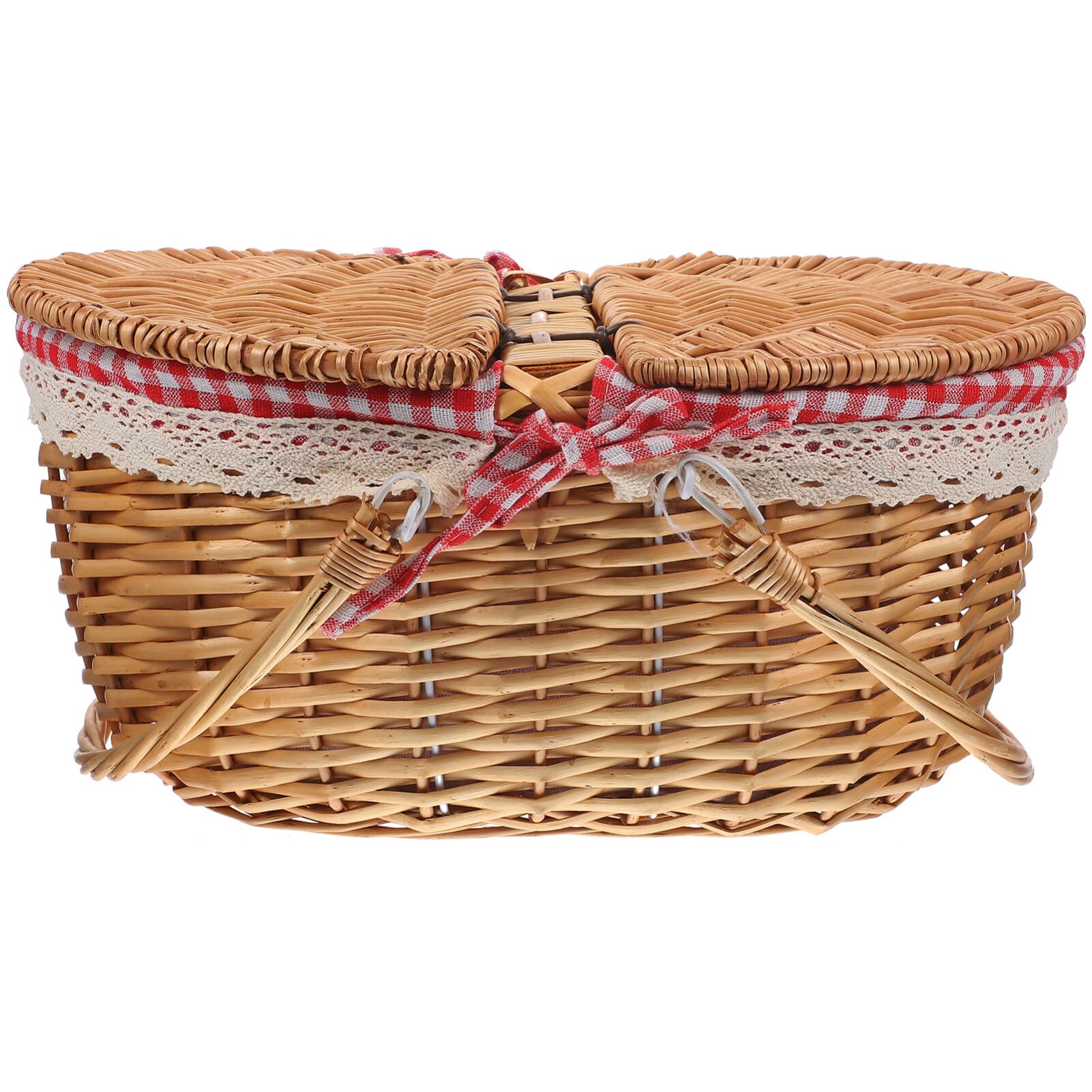 Milisten Wicker Picnic Basket with Liner Split Lid Picnic Hamper Hand Woven Flower Basket with Folding Handle for Outdoor Picnic Camping