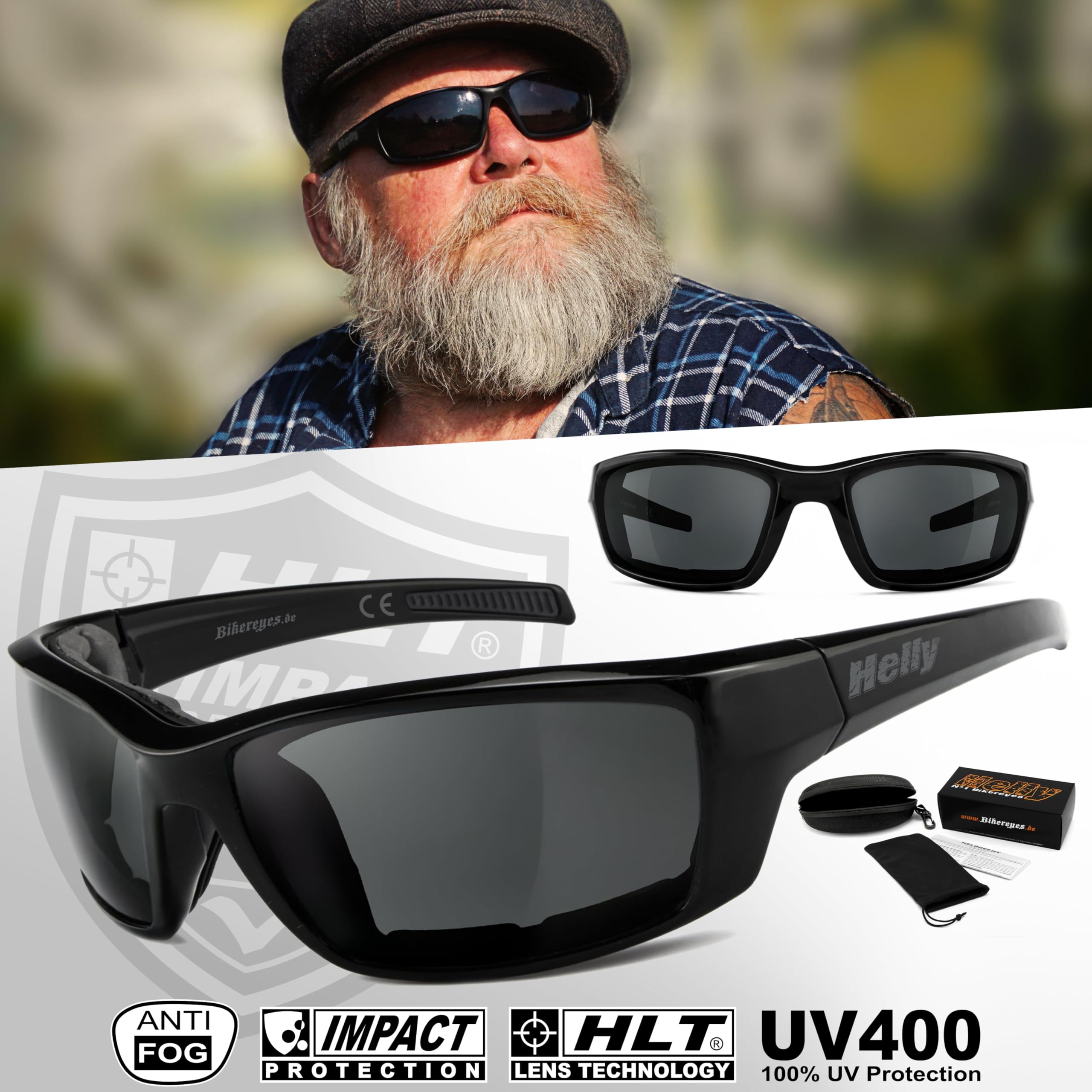 Helly®, n. 1 Bikereyes®, occhiali da motociclista, occhiali da sole da moto, antivento, imbottiti, antiappannamento, infrangibili, ottima sensazione durante lunghe uscite | Occhiali: lucidi (fumo)