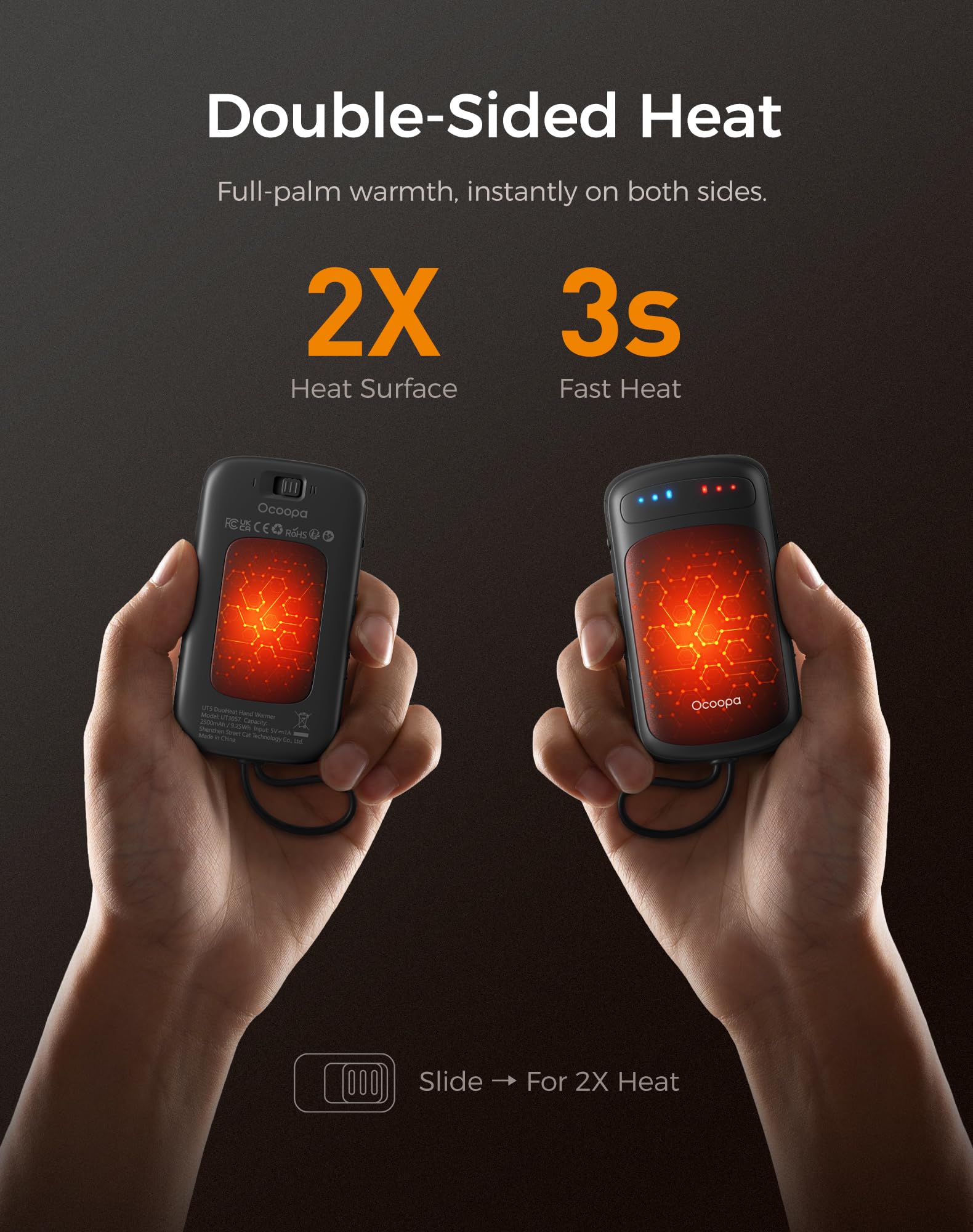 OCOOPA Scaldamani Elettrico a Doppia Faccia, Riscaldamento Istantaneo 2s, Autonomia 8h, 67g Leggero, Ricaricabile, Scaldamani Tascabile per Campeggio, Caccia, Pendolarismo, Regalo Uomo, UT5 DuoHeat