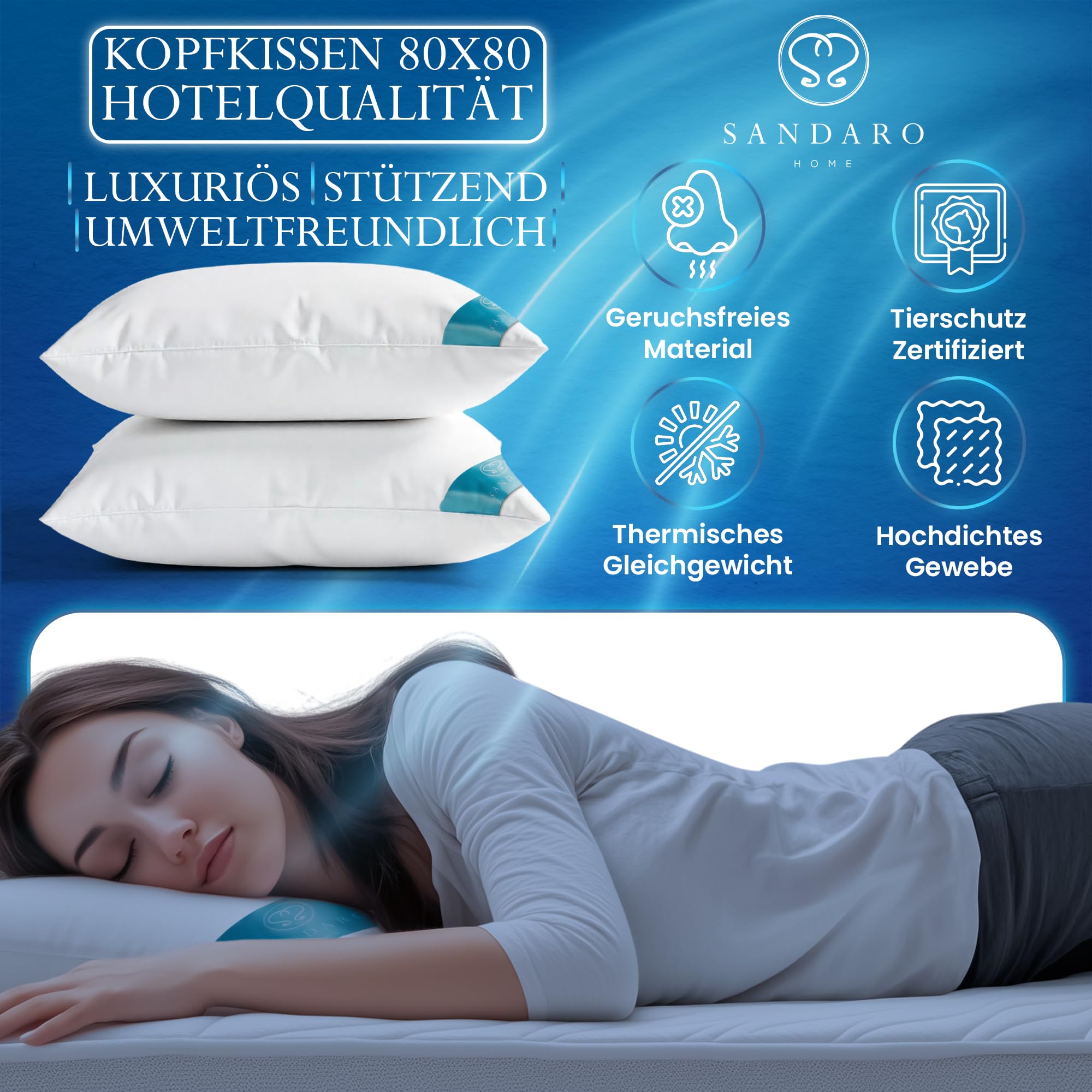 Kopfkissen 80x80 Federn Und Daunen 2er-Set – Allergiker Freundlich, Oeko-Tex Zertifiziert – Atmungsaktiver Bezug Aus 100% Baumwolle – Langlebiges, Stützendes Bettkissen Für Erholsamen Schlaf