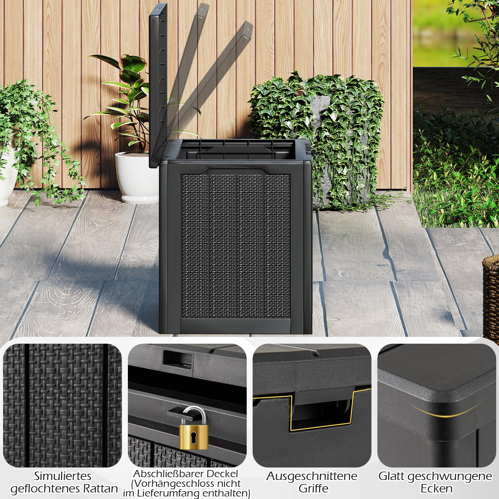 COSTWAY Gartenbox 106L, Auflagenbox mit abschließbarem Deckel & Rattanoptik, Wetterfeste Aufbewahrungsbox, Kissenbox für Poolzubehör, Gartengeräte, Pakete, Gartenmöbel, 56 x 41 x 50,5 cm (Schwarz)