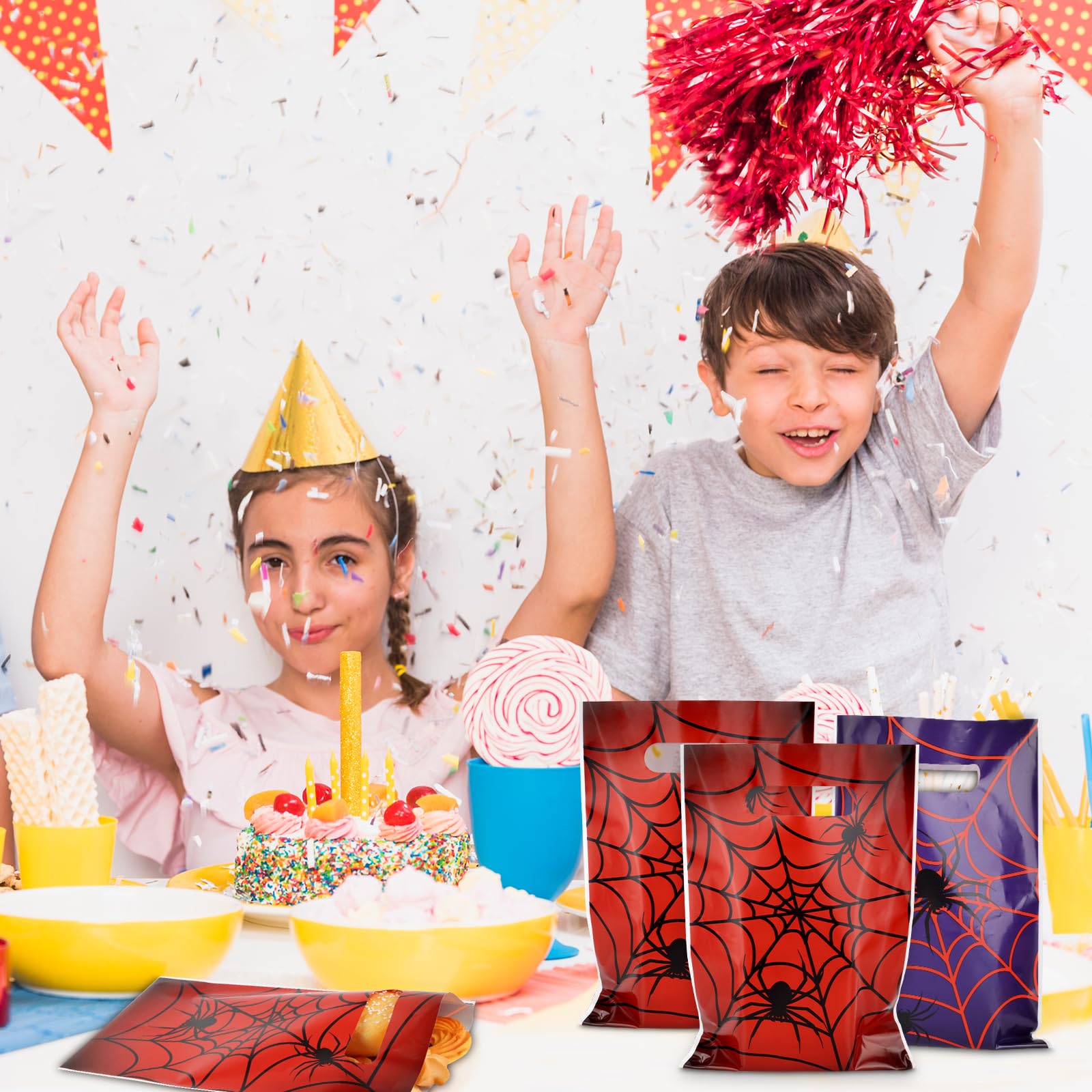 Hooqict 50PCS Spider Web Goodie Bags Party Favors Plastic Spider Gift Bags with Handle Snack Goody Treat Candy Bag for Kids Boys Cartoon Birthday Party Decorations Supplies