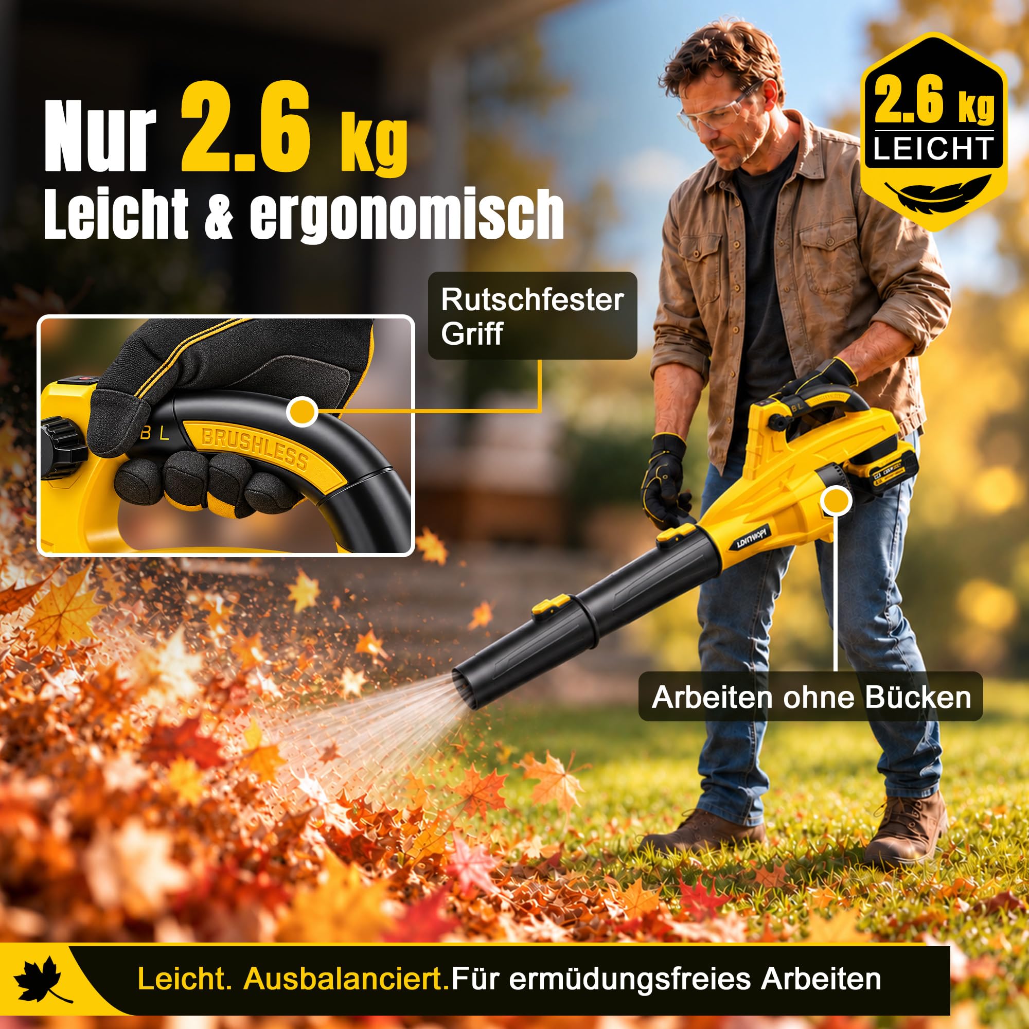 LDHTHOPI Akku-Laubbläser, 320 km/h Bürstenloser Motor, 2X 5000mAh Akkus & Ladegerät, 13-Stufen Kabellos Laubgebläse, 2,6 kg Leicht für Garten, Laub & Schnee