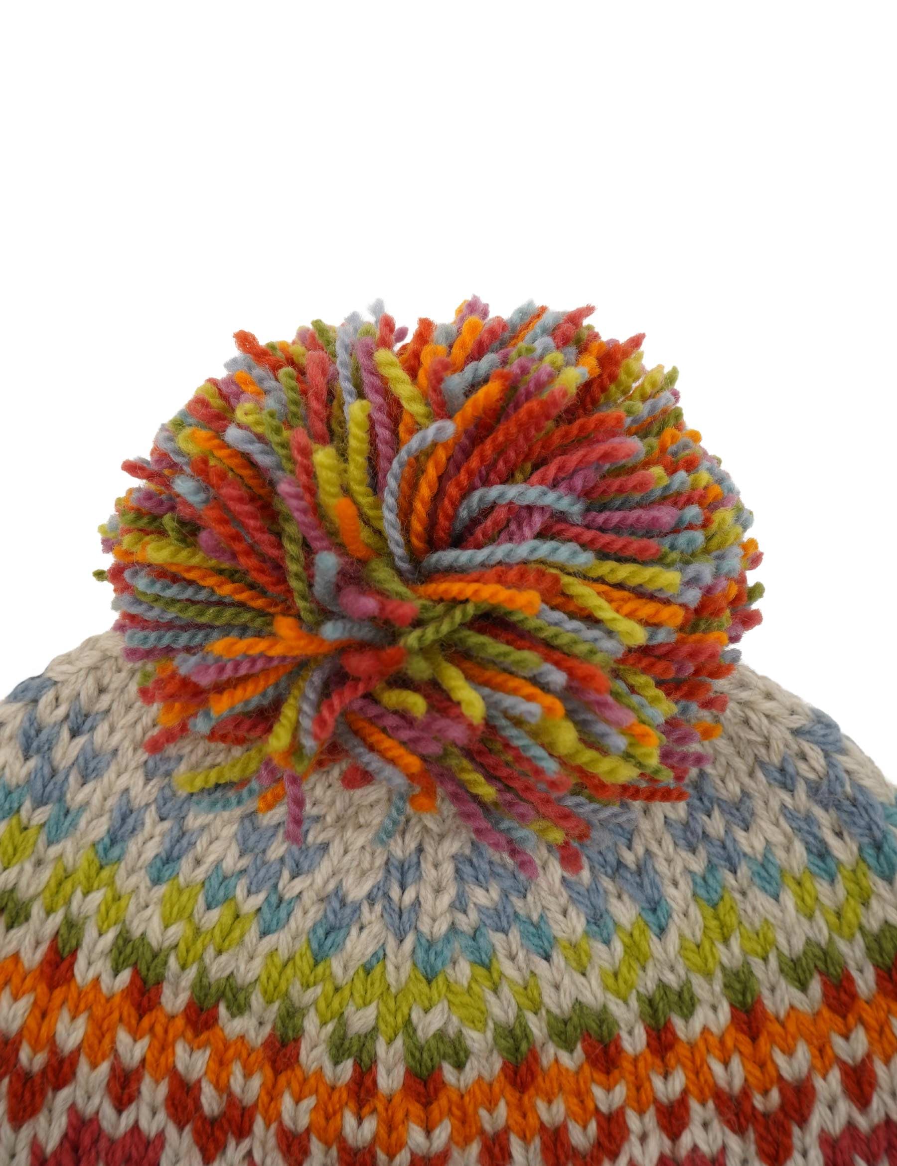 Pachamama Kobiety 100% czysta delikatna wełna merynosowa czapka bobble czapka ręcznie robiona Fairisle kolorowa jeden rozmiar ręcznie robiona miękka ciepła oddychająca odprowadzająca wilgoć