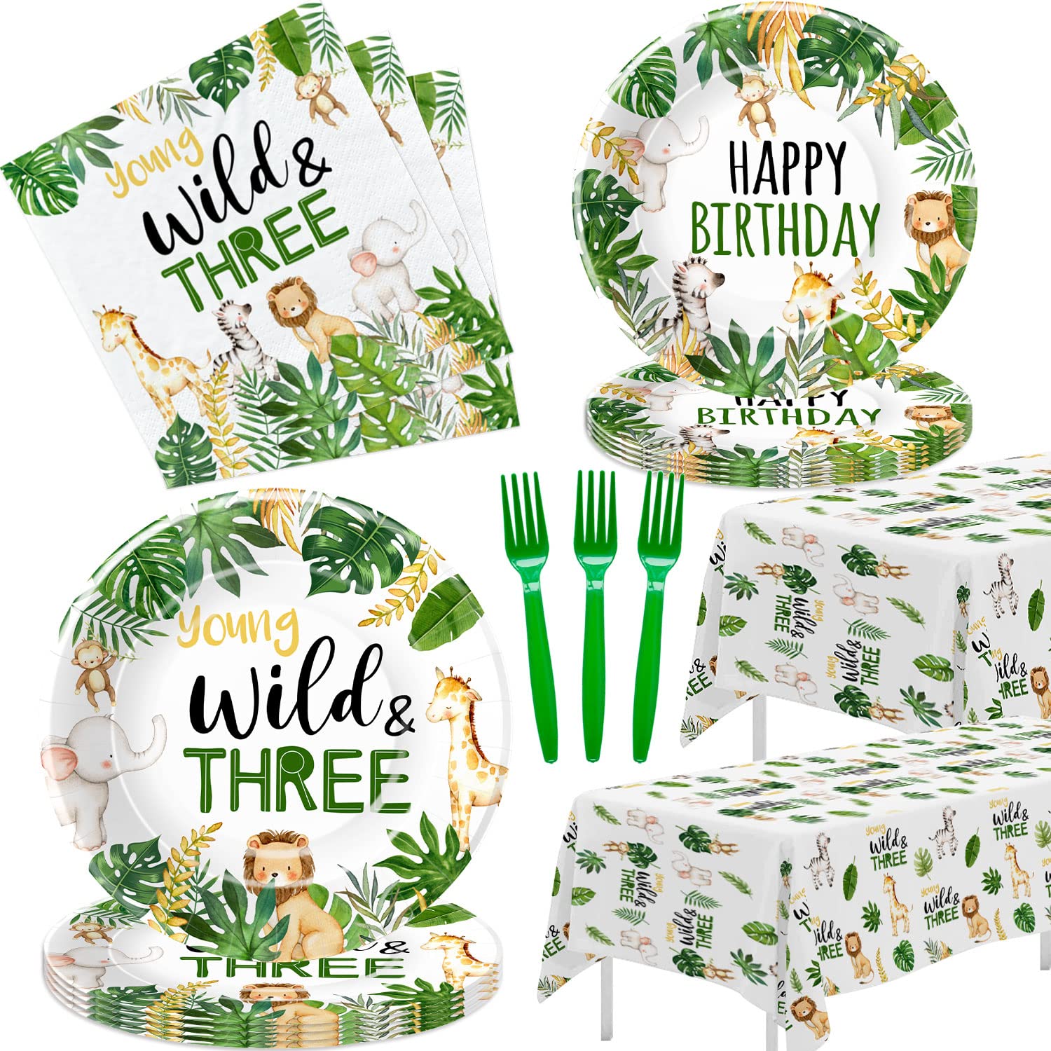 HIPVVILD Jungle Animal 3rd Birthday Party Supplies - Young Wild And Three Decorations Tableware, Paper Plate, Napkin, Tablecloth, Fork, Safari 3-