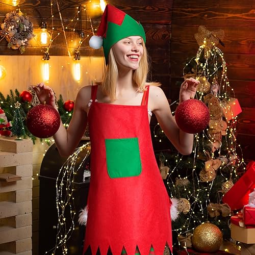 Miniatura 6 de Suhine Juego de 36 piezas de disfraz de elfo navideño para mujer, incluye 12 delantales de elfo, 12 sombreros de elfo, 12 pares de medias largas
