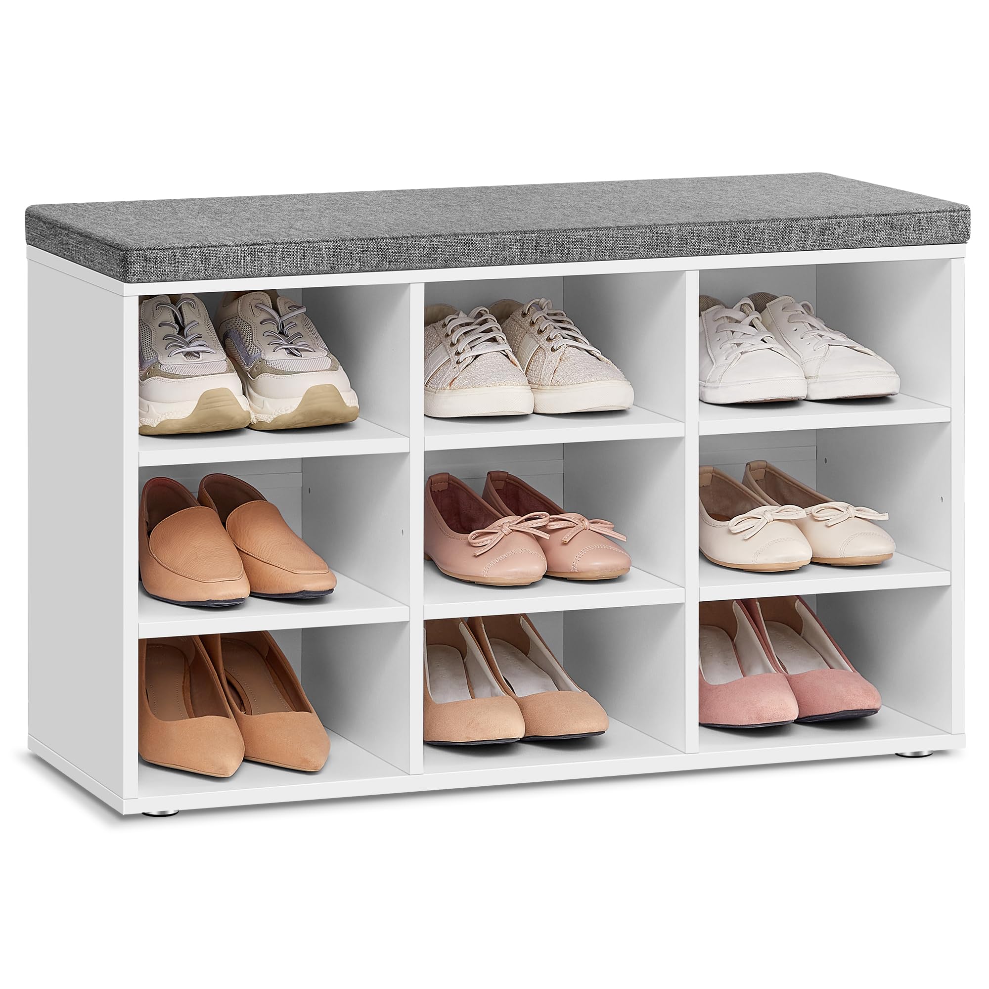 VASAGLE Banco Zapatero, Mueble Zapatero, Banco Recibidor con 9 Compartimentos y Asiento Acolchado, 30,3 x 78,5 x 48 cm, Entrada, Dormitorio, Sala de Estar, Blanco y Gris LHS009W14