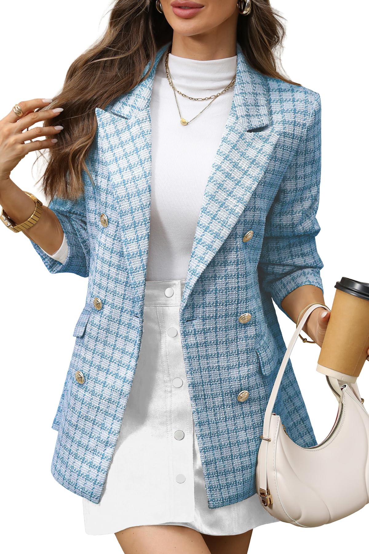 Womens Oversized Plaid Tweed Blazers, Boyfriend Style Double Breasted Blazer Jacket Casual Outfits-image-38
