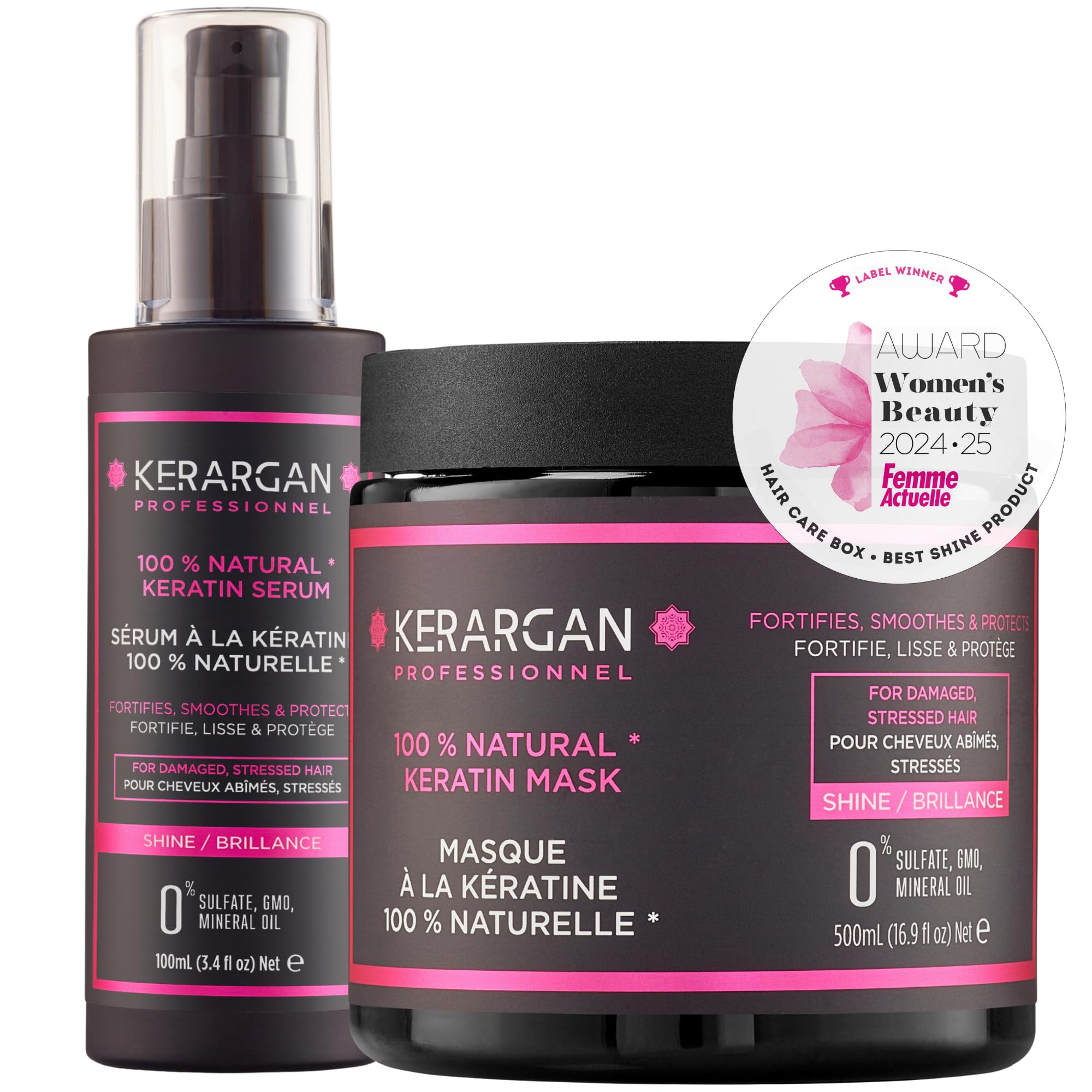 KERARGAN - Duo Cheratina: Maschera e Siero Ristrutturante - 500ml+100ml | Maschera e siero alla cheratina per ristrutturare le lunghezze, controllare il crespo e proteggere le punte