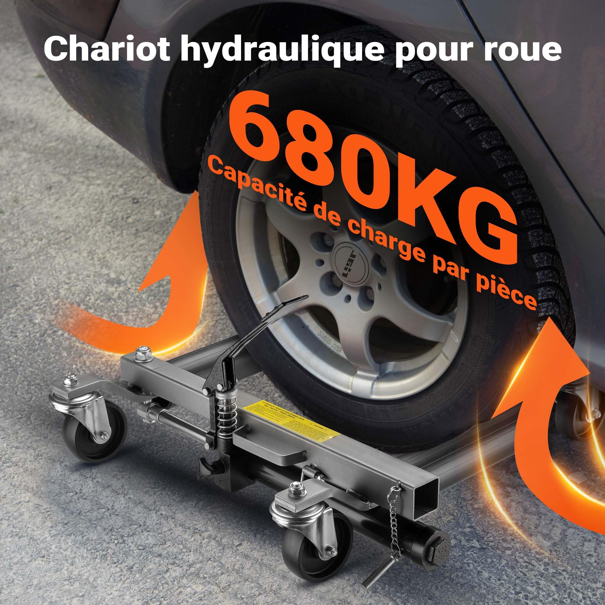 Wiltec Jeu Chariot de déplacement 2x Cric Go Jack Hydraulique 680kg par Cric Largeur de pneu 30 cm Taille 620 x 540 x 330 mm Noir argenté Goupille Sécurité Lève voiture Atelier Garage