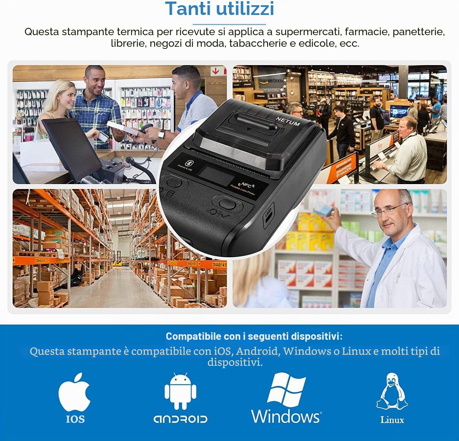 NETUM 58mm Stampante per etichette termiche Bluetooth con batteria ricaricabile, per ufficio, magazzino, spedizione, abbigliamento e gioielli, NT-G5