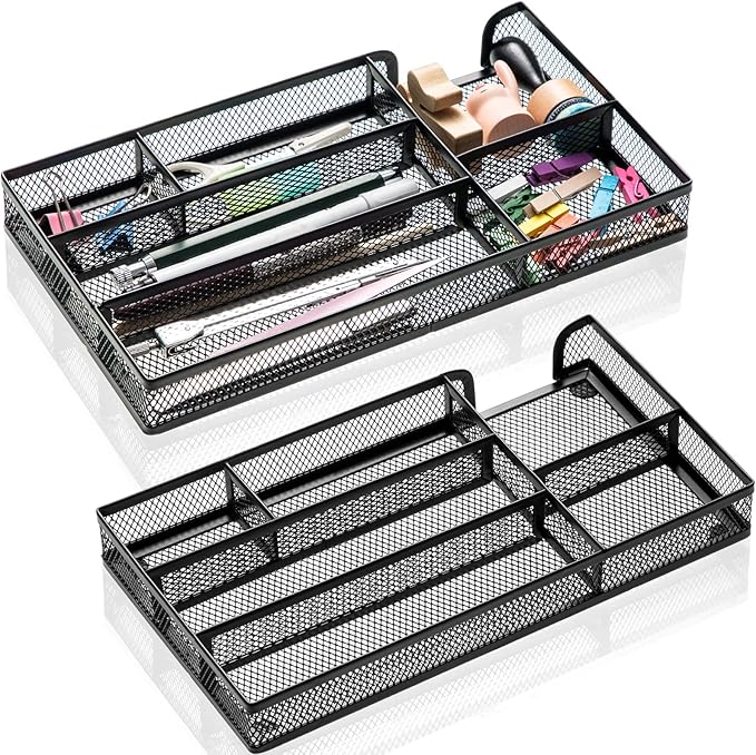 2 Pcs Desk Drawer Organizer Tray 6 Compartments Desktop Metal Mesh Drawer Organizer