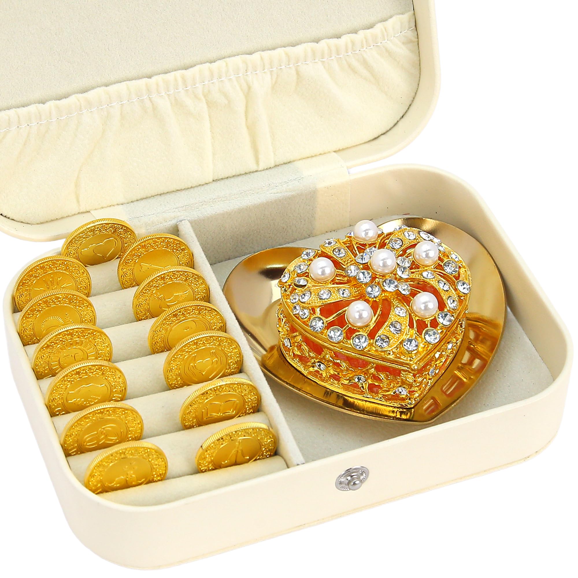 TINGKU - Arras para Boda Católica monedas de boda cristianas, 13 bendiciones únicas, recuerdos de matrimonio significativos caja de cuero Conjunto de monedas de boda española, monedas de oro PLD