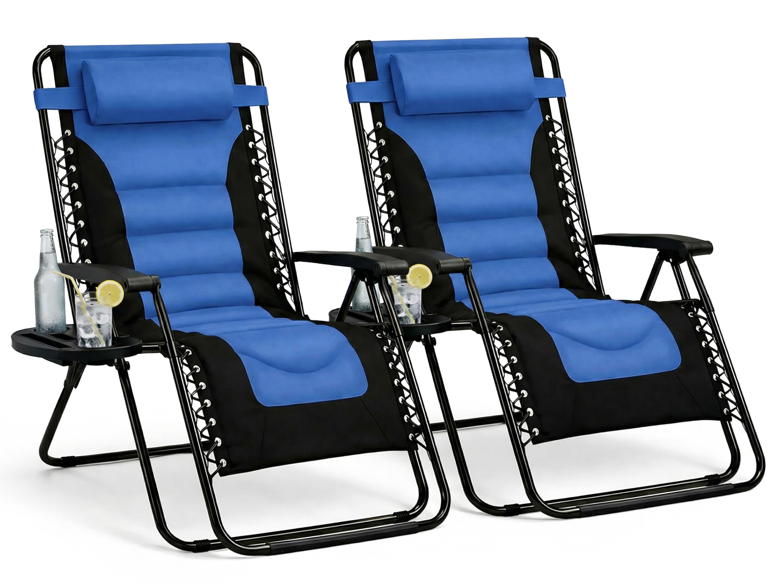Straame XXL Padded Zero Gravity Chairs Set of 2, Folding Reclining Garden Chairs, Camping Chair Sun Loungers, Lockable 160° Patio Recliners with Adjustable Headrest (Padded, Navy)