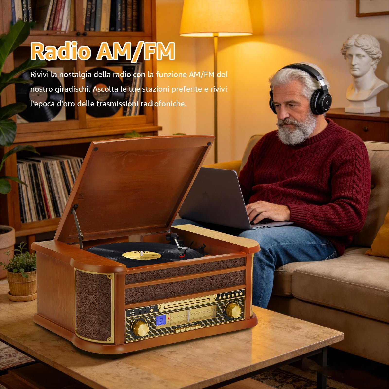 Giradischi 9 in 1 con Bluetooth, Radio AM/FM, Lettore CD e Cassette, Riproduzione USB, Telecomando, Altoparlanti Integrati, Giradischi Vintage