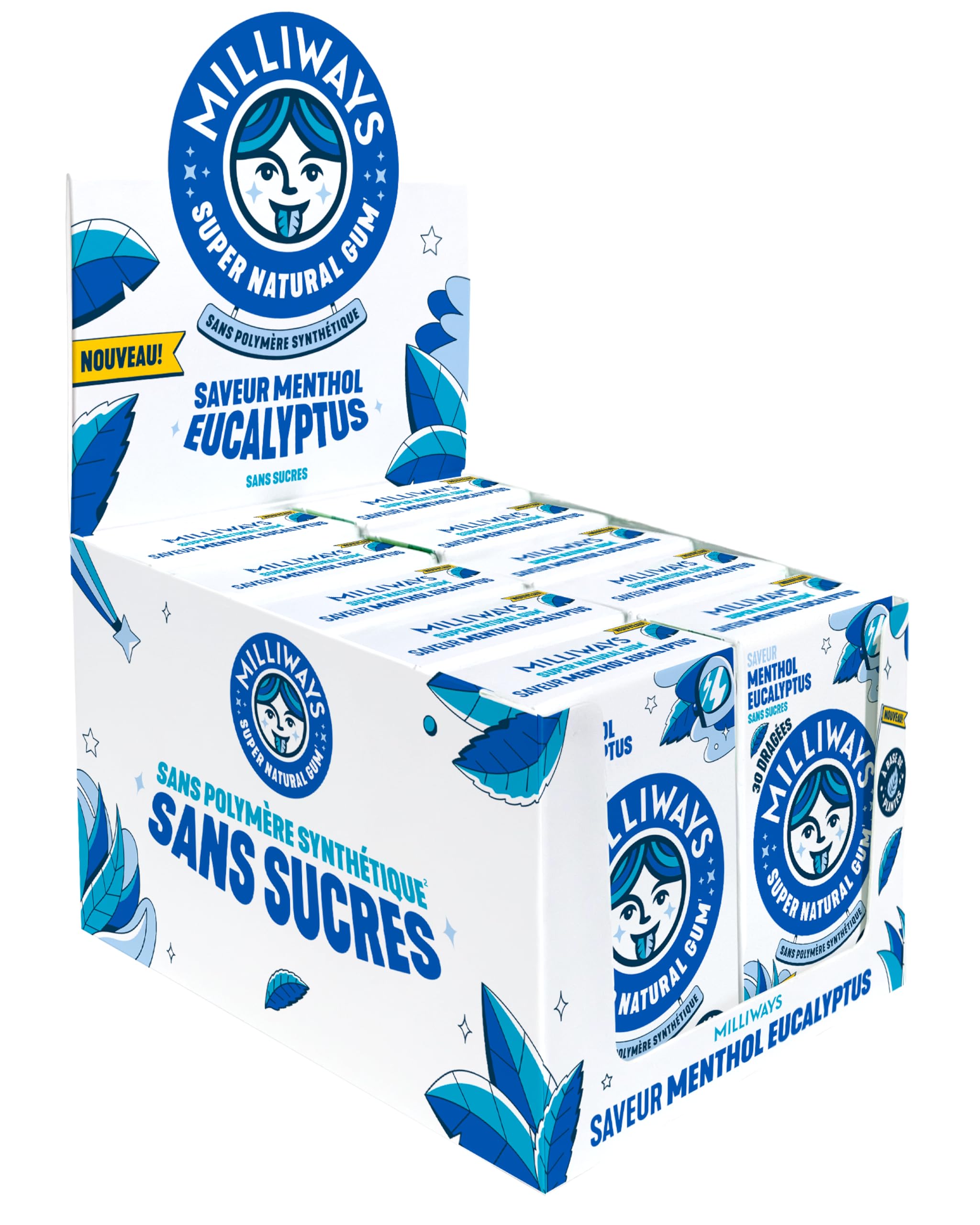MILLIWAYS - Chewing gum sans sucres avec édulcorants et arôme naturel au goût de menthol eucalyptus 10 boîtes de 30 dragées de 60g- À base de plantes - Avec du Xylitol - Sans aspartame