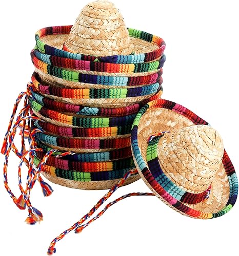 Frcctre Paquete de 12 mini sombreros mexicanos de paja natural, sombreros de fiesta, 5.5 pulgadas, carnaval, cumpleaños mexicano, decoración de