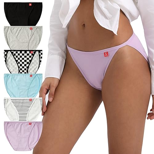 INNERSY High Leg Knickers for Women Comfy Cotton Underwear Ladies Basic Bikini Briefs Pack of 6 - 14 - 4 Plain/Stripe/Plaid