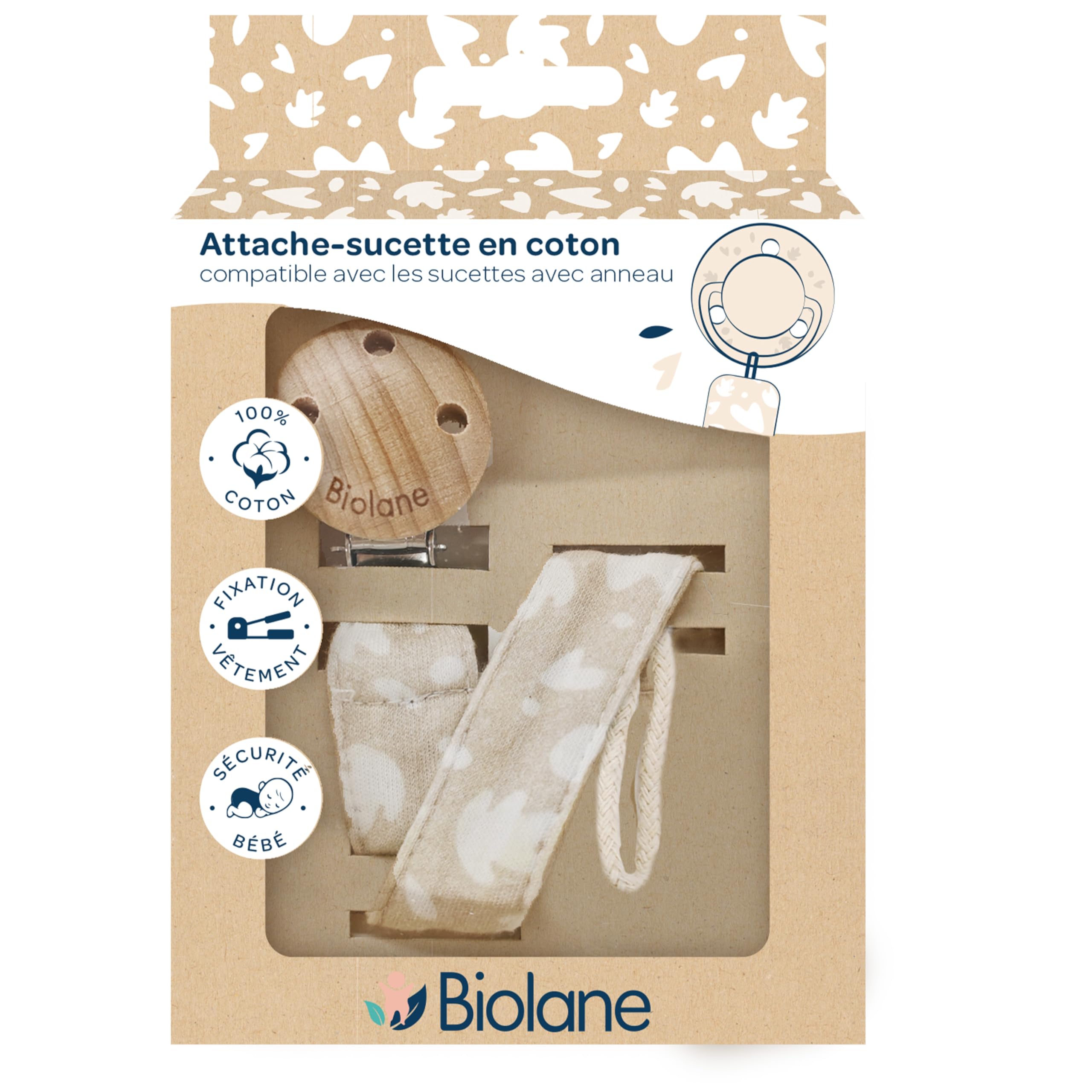 BIOLANE Attache tétine bébé 100% coton beige double sécurité anti-glisse