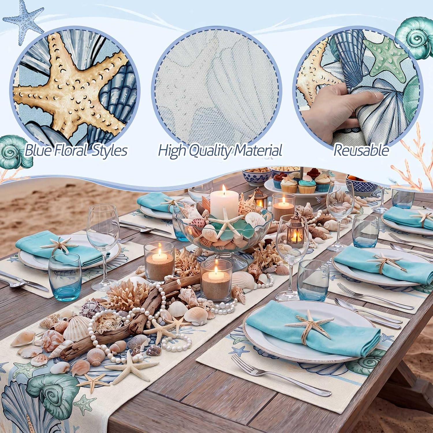 Hahafelt Summer Nautical Coastal Table Runner and Placemats Set of 7, 12" x 18" Sea Shell Starfish Place Mats, 13" x 72" Ocean Summer Table Runner for Holiday Party Kitchen Dining Decor