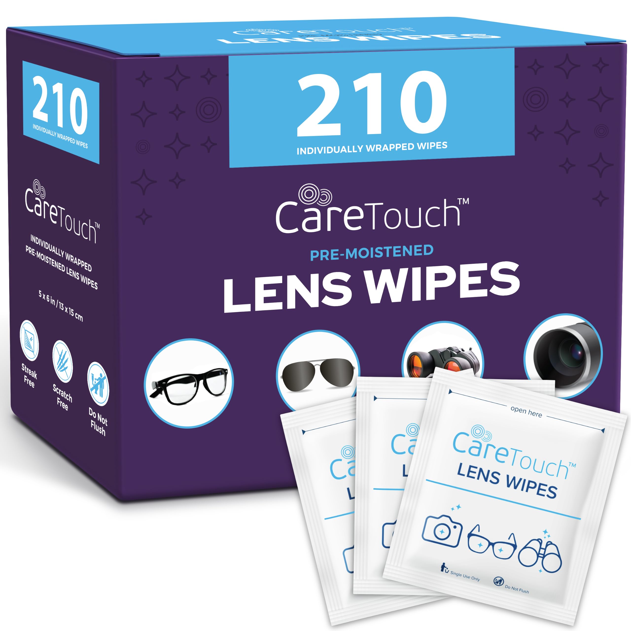 210 toallitas para lentes, toallitas de limpieza de lentes, prehumedecidas, envueltas individualmente, sin arañazos, sin rayas, toallitas limpiadoras para gafas de sol, lente de cámara, pantallas