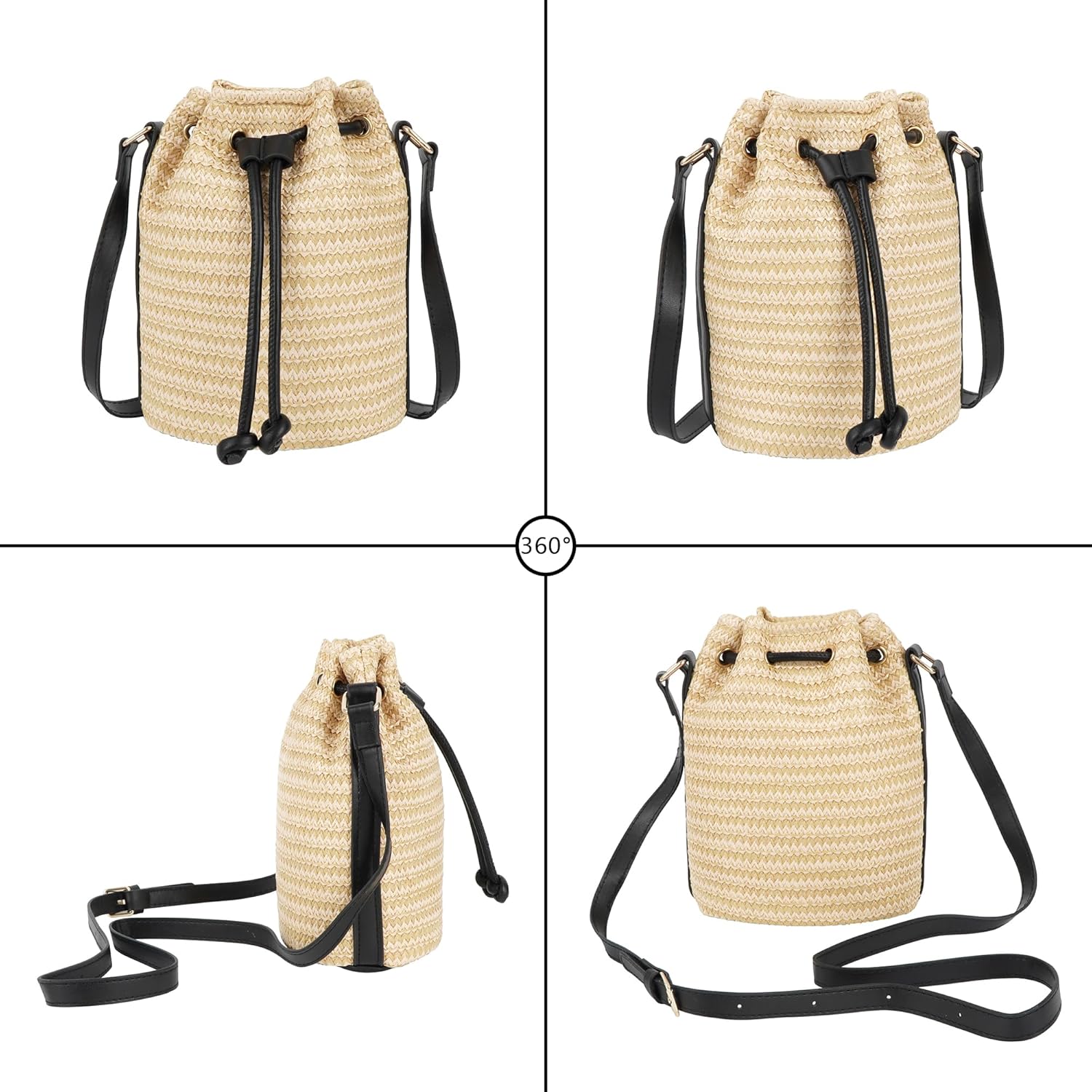 Goclothod Small Drawstring Shoulder Bag Straw Weave Handbag Summer Beach Purse - Image 5