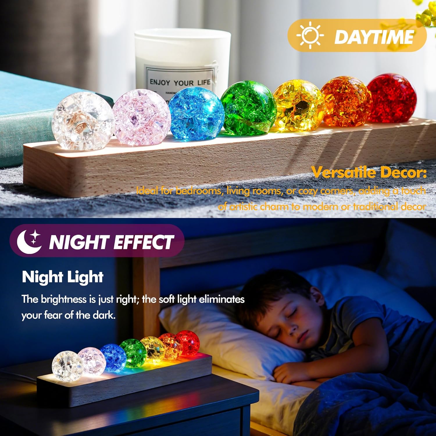 7 Colors Ice Cracked Balls with LED Wooden Base 40mm Healing Sphere Balls Set Crystal Chakra Night Light Decor for Home Valentines Day Gifts for Her