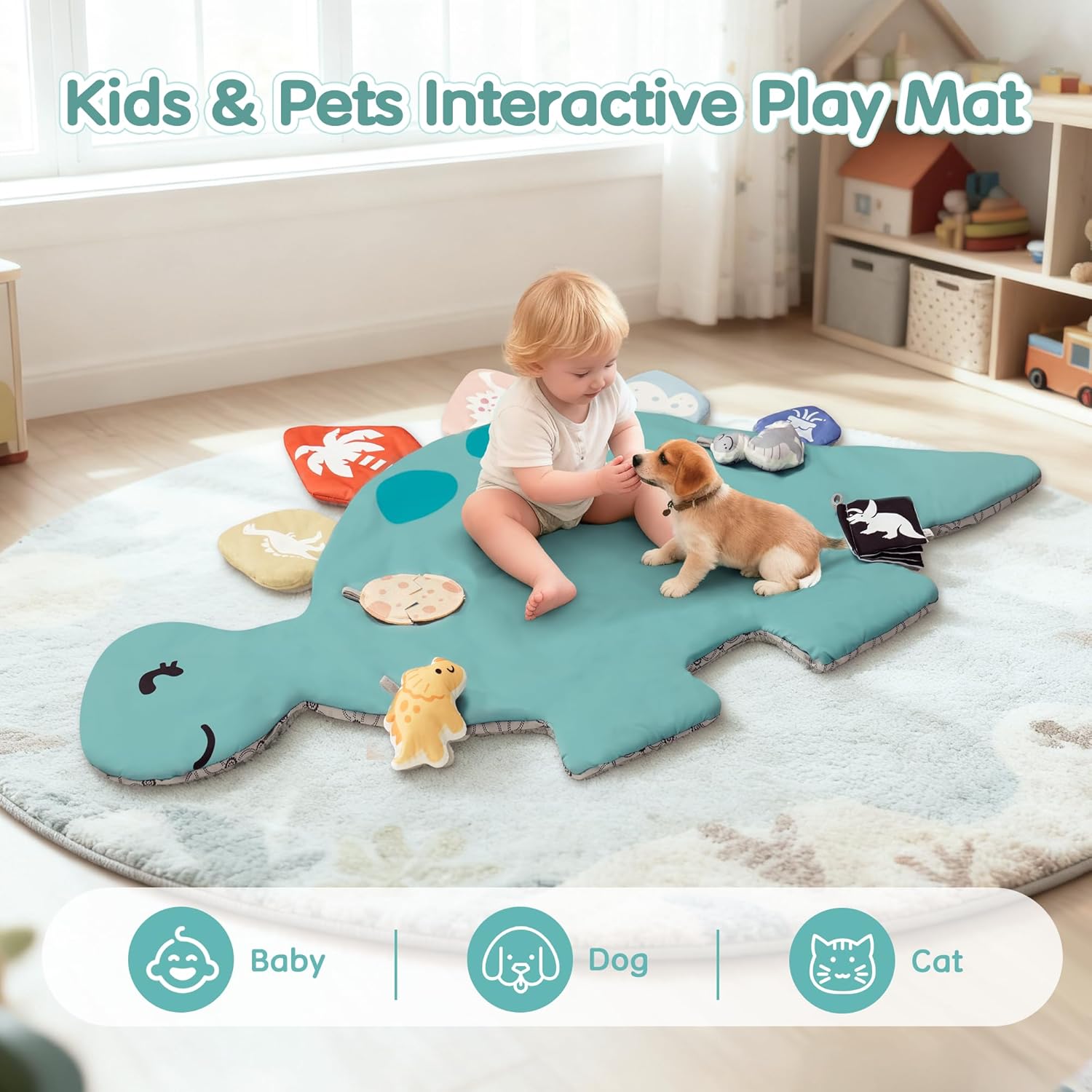 Baby Tummy Time Mat, Oversize Dinosaur Shaped Baby Play Gym Mat with 6 Toys, Play Mat for Babies 0-6-12 Months Promotes Motor Skills & Sensory Development, Newborn Essentials Infant Shower Gift