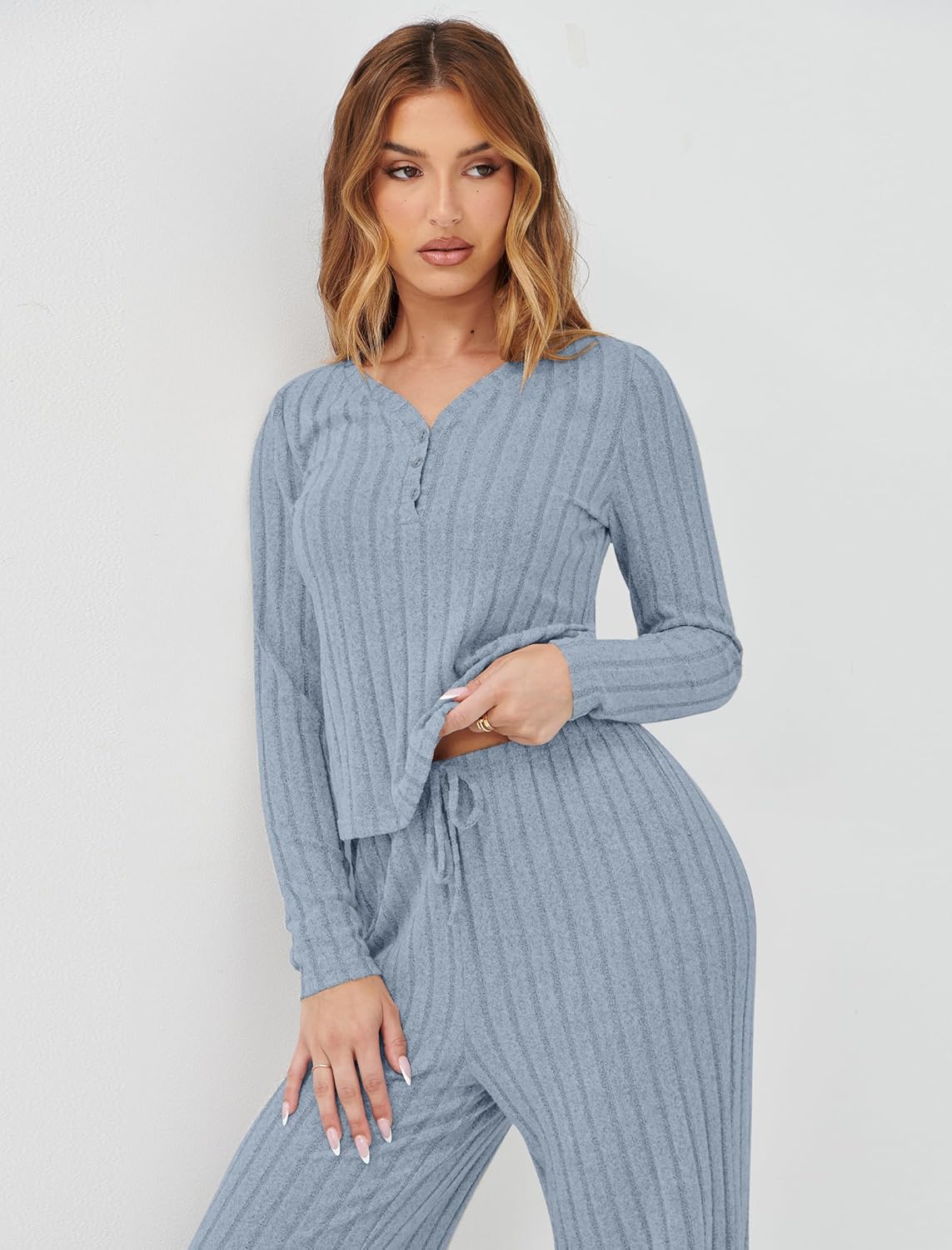Womens Pajama Sets 2 Piece Lounge Pajamas Sets Casual Ribbed Knit Long Sleeve Matching Set - Image 7