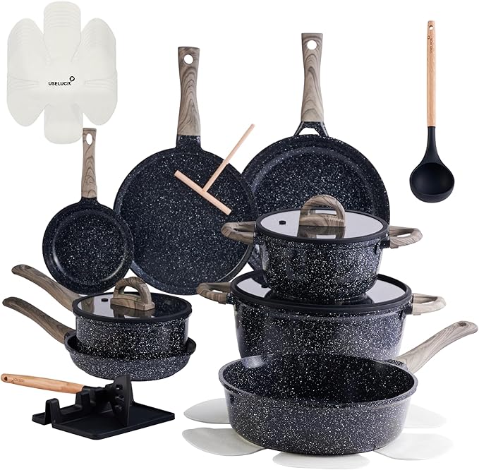 Pots and Pans Set Nonstick 22 Pcs, Ceramic cookware set Non-Toxic CoatingGray Granite Kitchen Cookware Set, Induction Kitchen Cooking Set w/Frying Pans, Saucepans & Glass Lids, PFOS & PFOA Free
