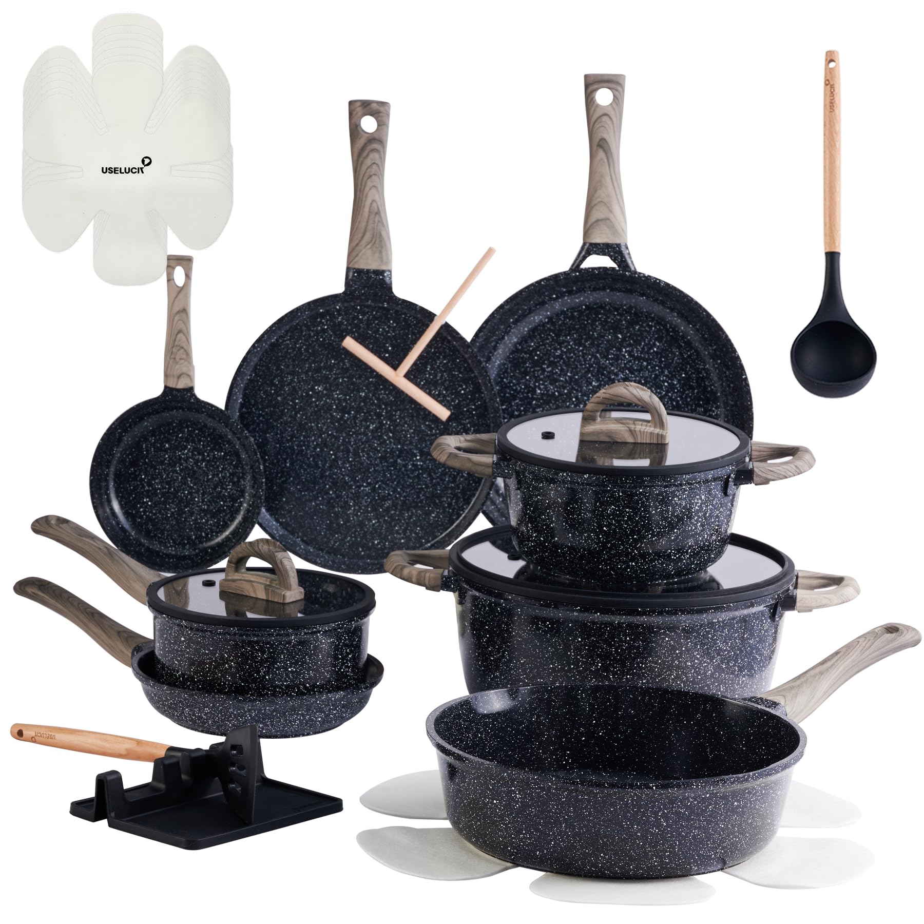 useluck pots and pans set non stick non-toxic 22 pcs ceramic cookware sets nonstick kitchen pot&pan with lid black granite induction compatible with glass lids crepe frying pan pfoa/pfos-free