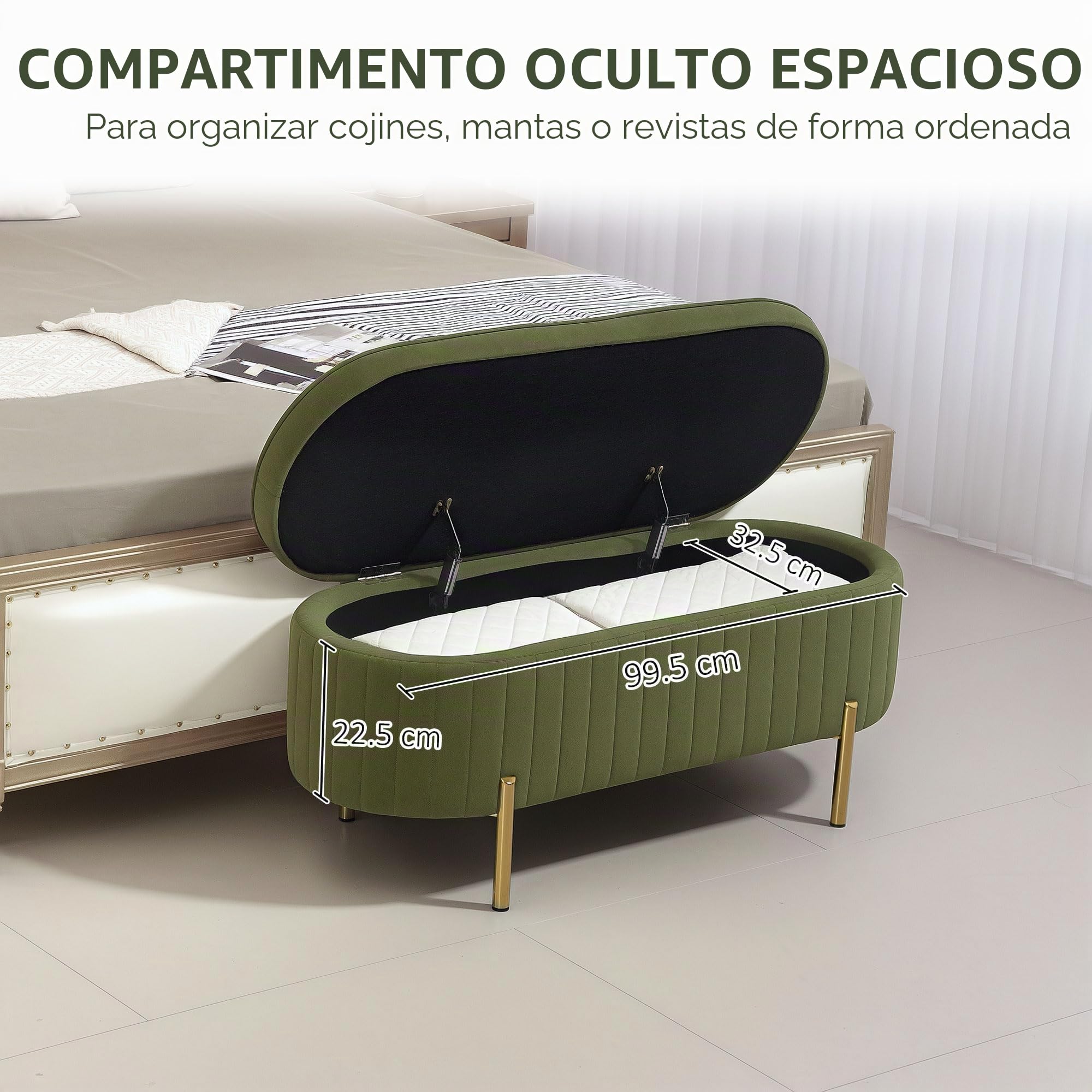 HOMCOM 43" Banco otomano Terciopelo Patas Metal Verde Oscuro