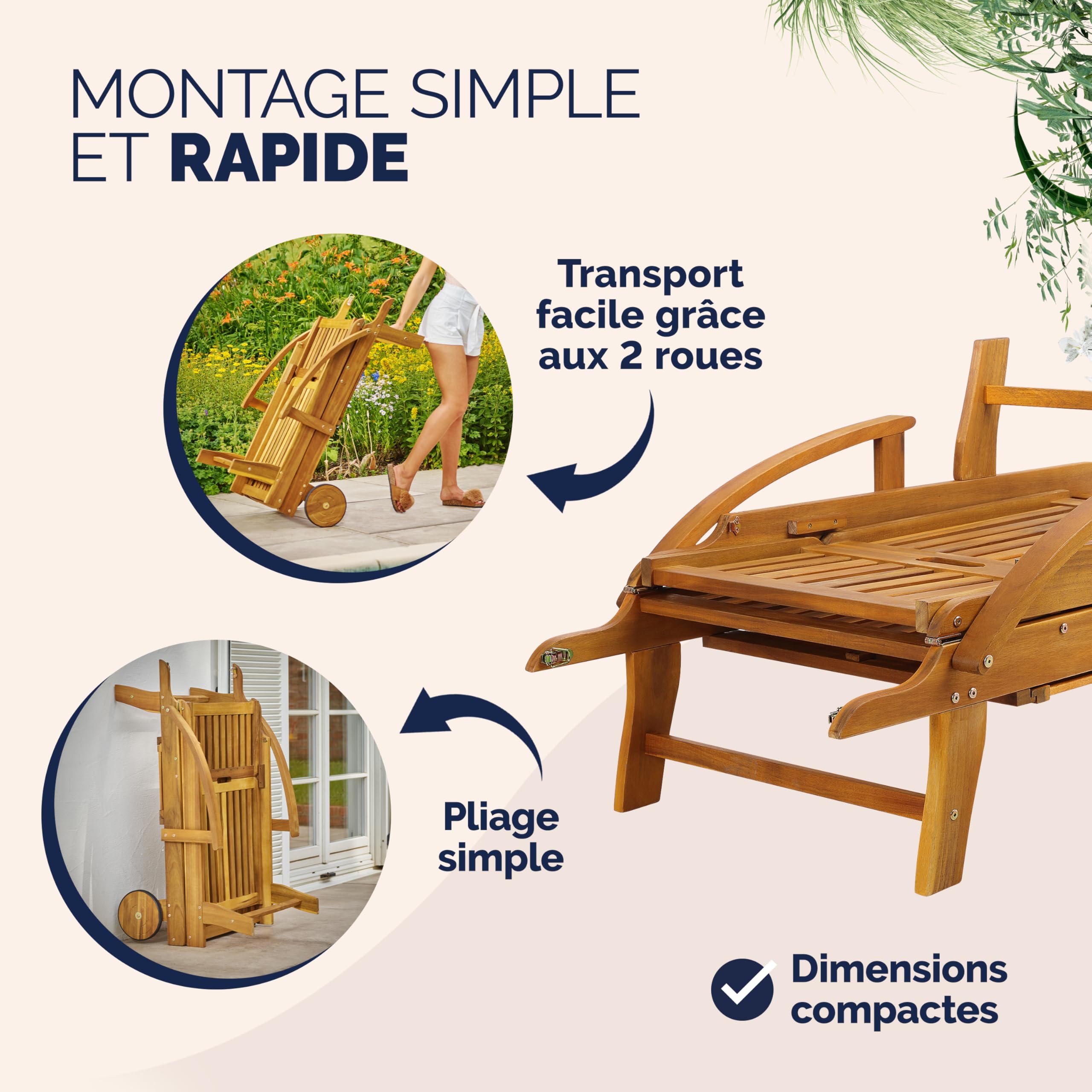 Casaria® 2X Chaise Longue Jardin Exterieur Tami Sun en Bois D Acacia Chaise Pliante avec Roues Type Transat Bain De Soleil Chaise Bois pour Salon De Jardin Exterieur