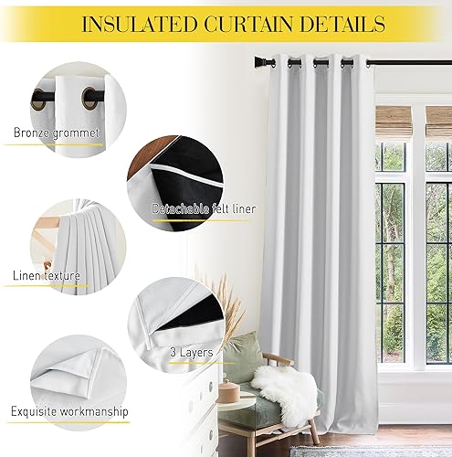 Miniatura 6 de NICETOWN Sound Barrier - Cortinas de lino natural 100% opacas de 84 pulgadas, cortinas de bloqueo de ruido, frío y calor con forro de tela de