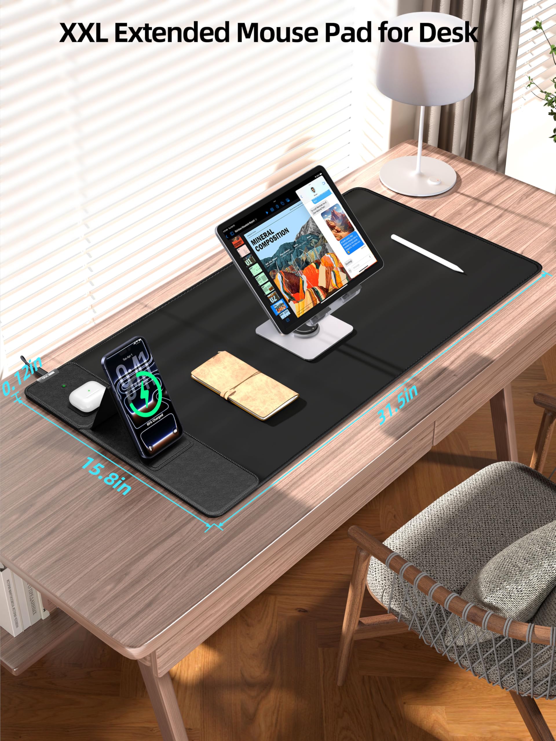 Alfombrilla de mouse con carga inalámbrica magnética y soporte ajustable para teléfono, alfombrilla de escritorio extendida de 31.5 x 15.8 pulgadas, almohadilla de teclado ultra suave impermeable