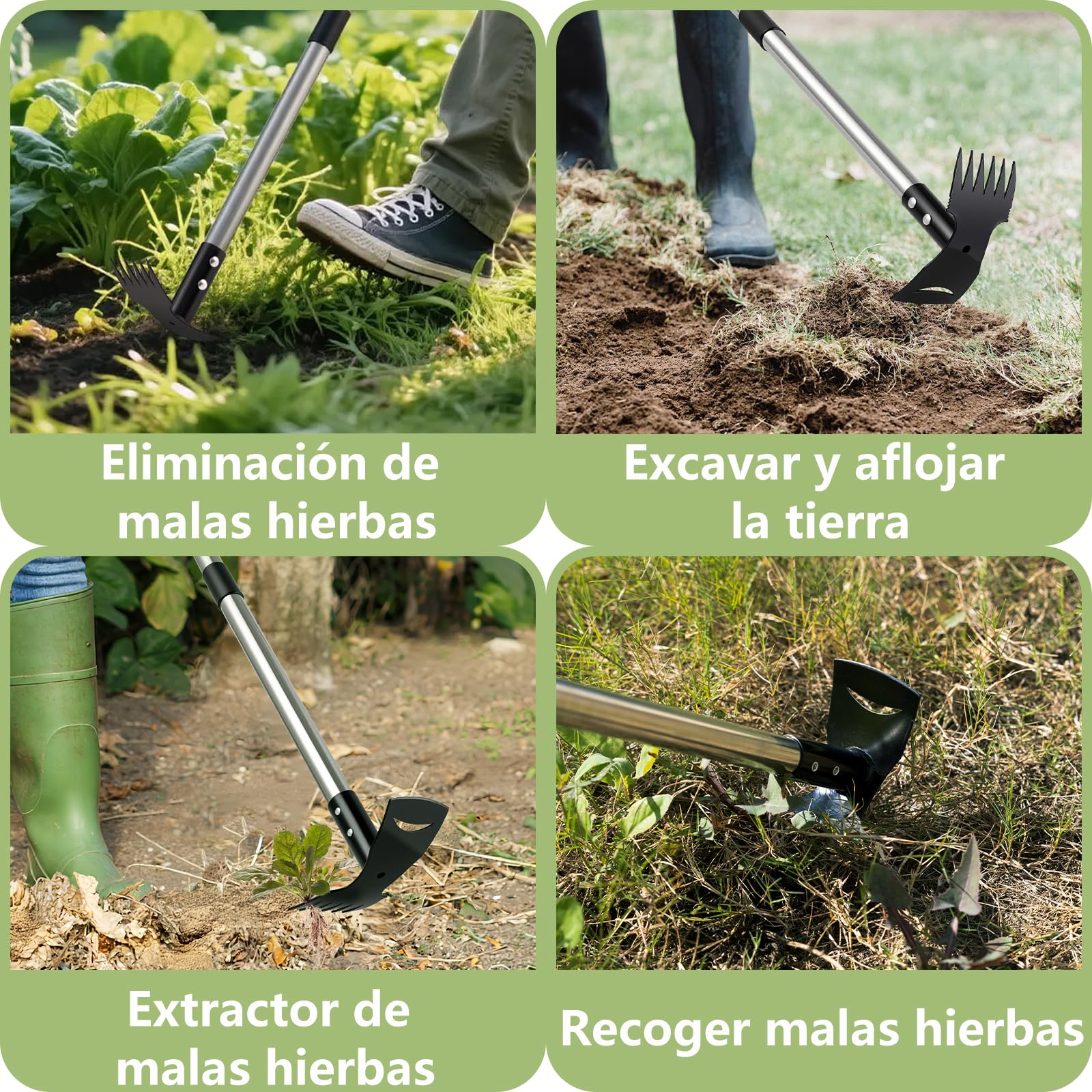 Mitclear Extractor de Malezas con Mango Largo(148cm), Herramienta de Jardín 2 en 1 con Rastrillo y Azada, Desmalezador Manual, Eliminador de Malas Hierbas