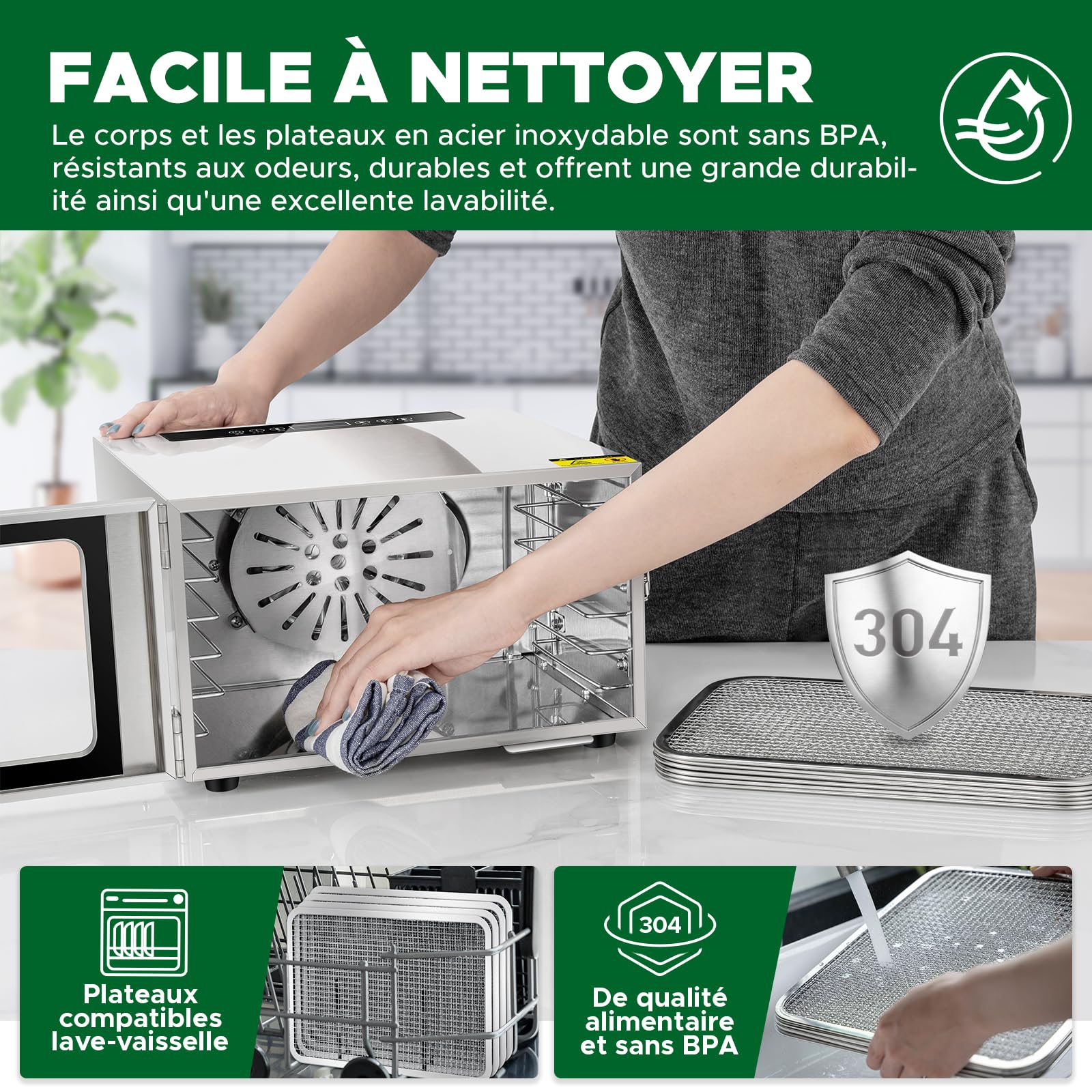 Kwasyo Deshydrateur Aliment, Déshydrateur Inox 6 Étages, avec Minuteur (24H), Température réglable 30℃-90℃, Déshydrateur Électrique pour Boeuf, Fruits, Légumes, Sans BPA, 400W
