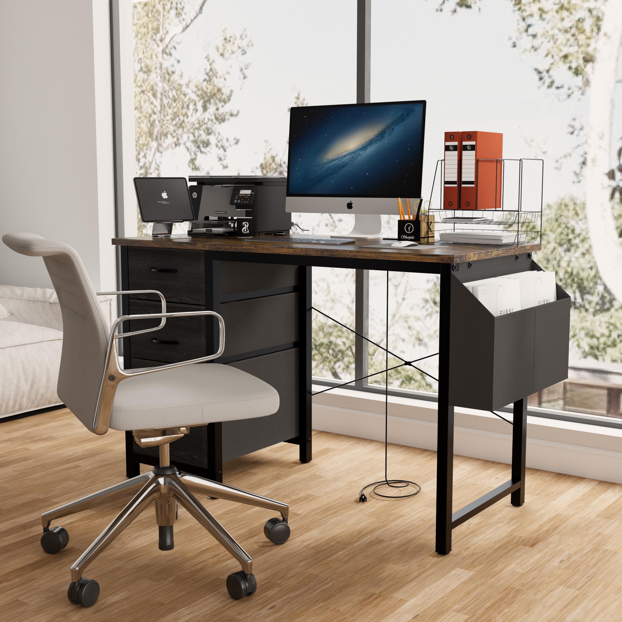 47" computer desk with 3 drawers & power outlets | extra large side pocket | reversible ergonomic design | easy assembly | home office desk for study, gaming & vanity (rustic brown)