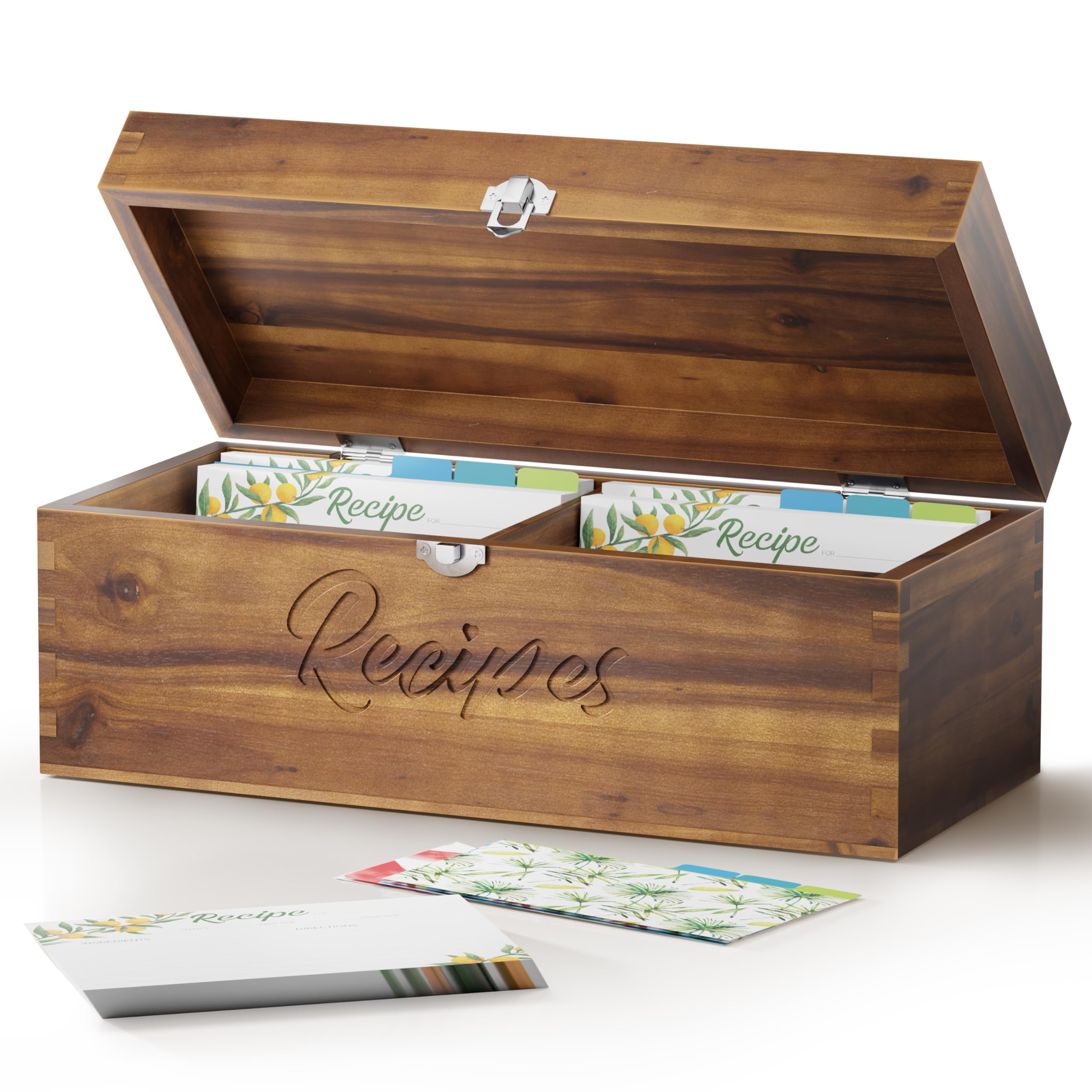 TIDITA Acacia Wooden Recipe Box with 100 Index Cards 4x6, 8 Dividers - Large Recipe Box Cards and Dividers - Receipts Organizer with Paper Slot, 2-in-1 Housewarming Gift, Fits 700 Cards (Walnut color)