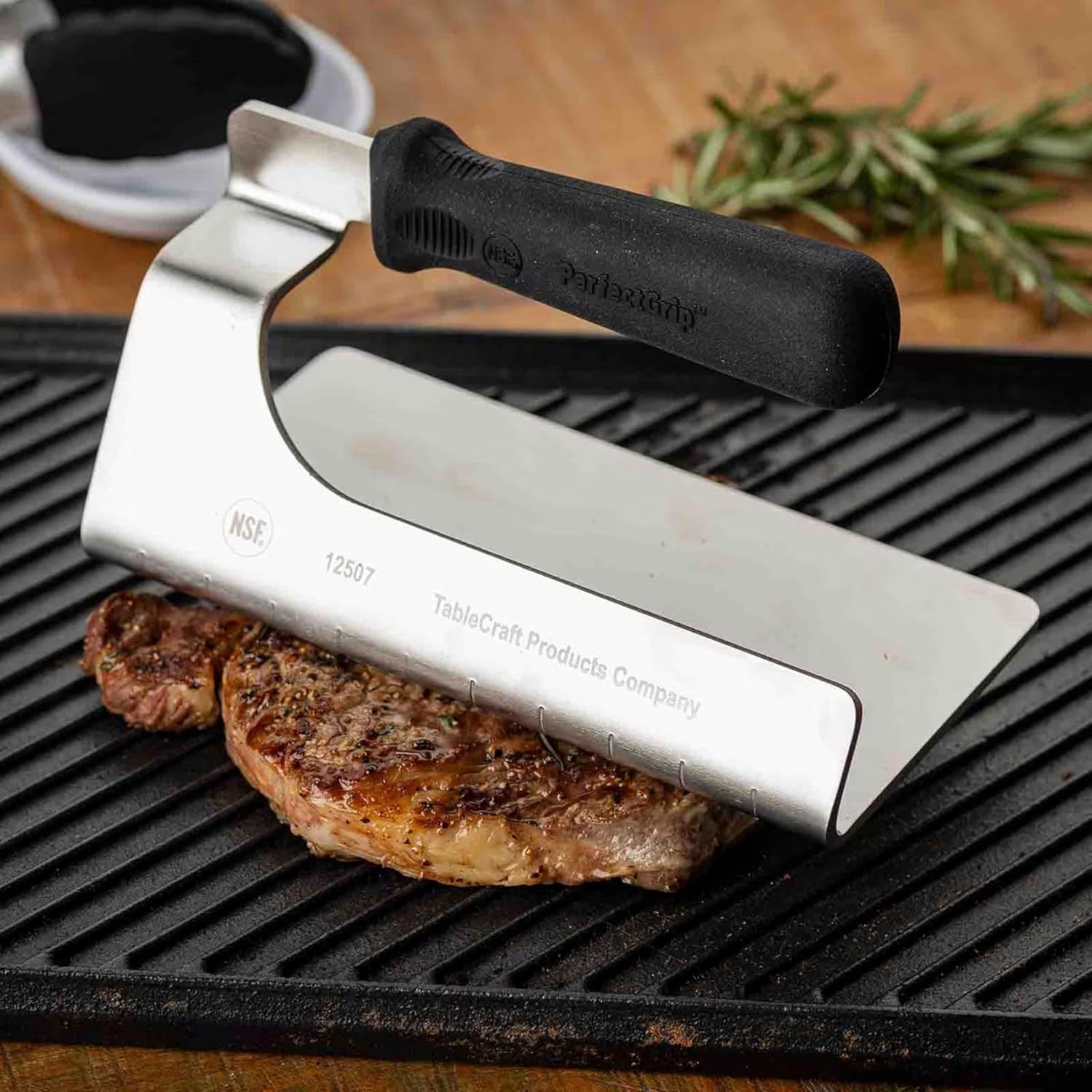 TableCraft 12507 PerfectGrip Stainless Steel Steak Weight, Even-Heat Press with Non-Slip Silicone Handle, 7.5 x 4 x 4 in, Dishwasher Safe, Oven Safe to 500°F, Silver