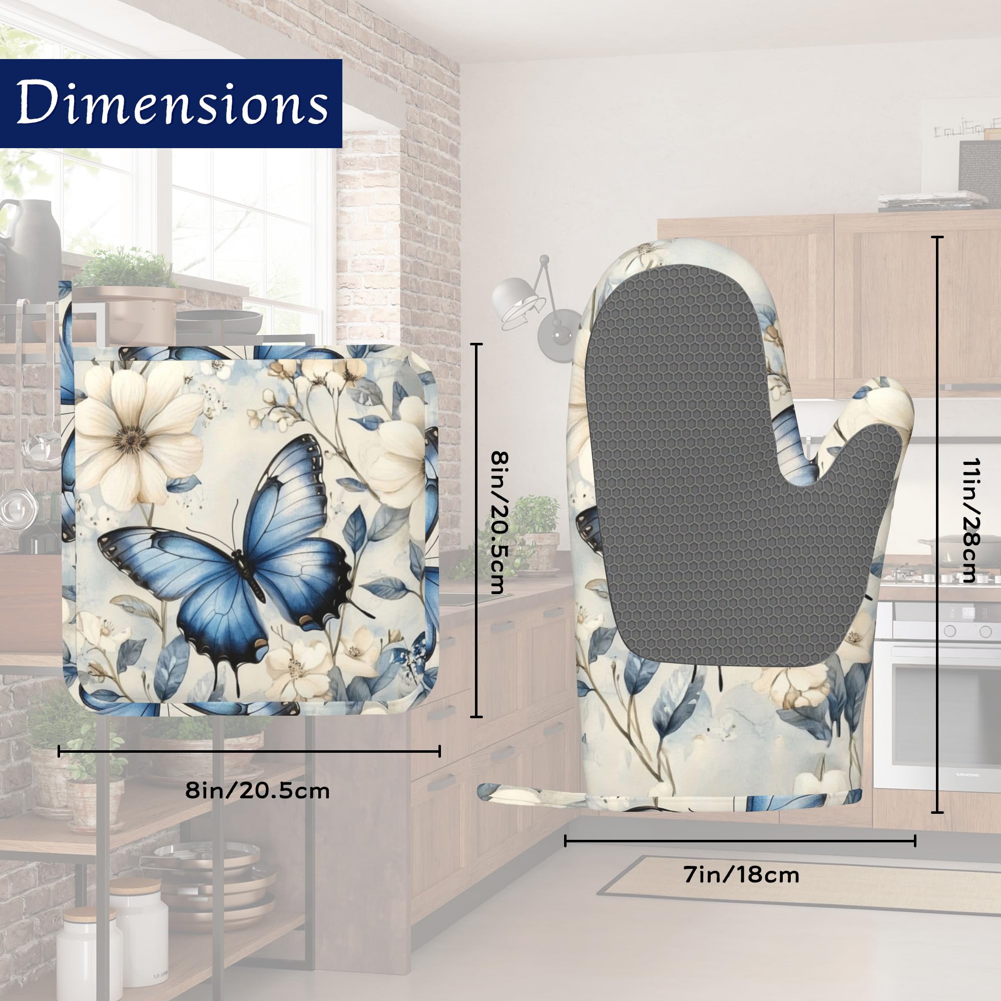 Ofenhandschuhe und Topflappen-Set, blau, Schmetterling, Silikon, Küchenhandschuhe, Topflappen, Frühlingsblumen, hitzebeständig, 4 Ofenhandschuhe, heiße Pads zum Backen, Kochen, Grillen, Heimdekoration