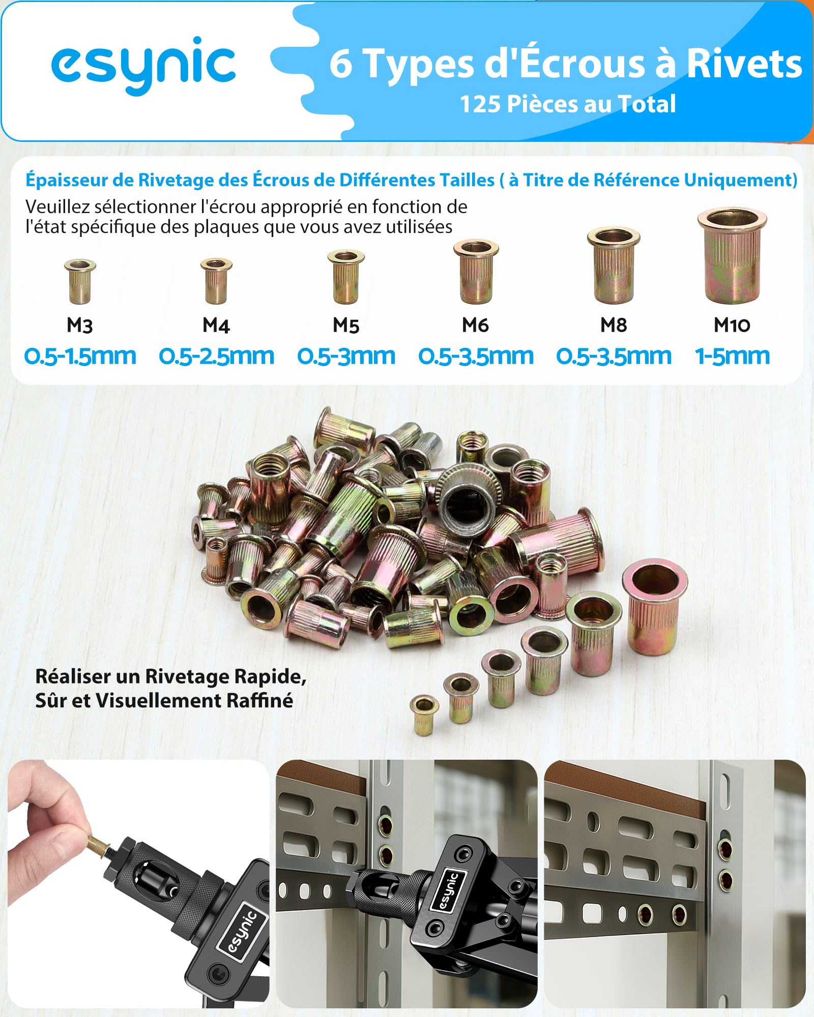 eSynic 14" Pince à Rivet Insert avec 6pcs Mandrins Métriques M3 M4 M5 M6 M8 M10 125pcs Écrous Pince à Insert Fileté avec Étui de Transport Kit de Pince à Écrou Fileté Économie de Main-d'œuvre - Noir