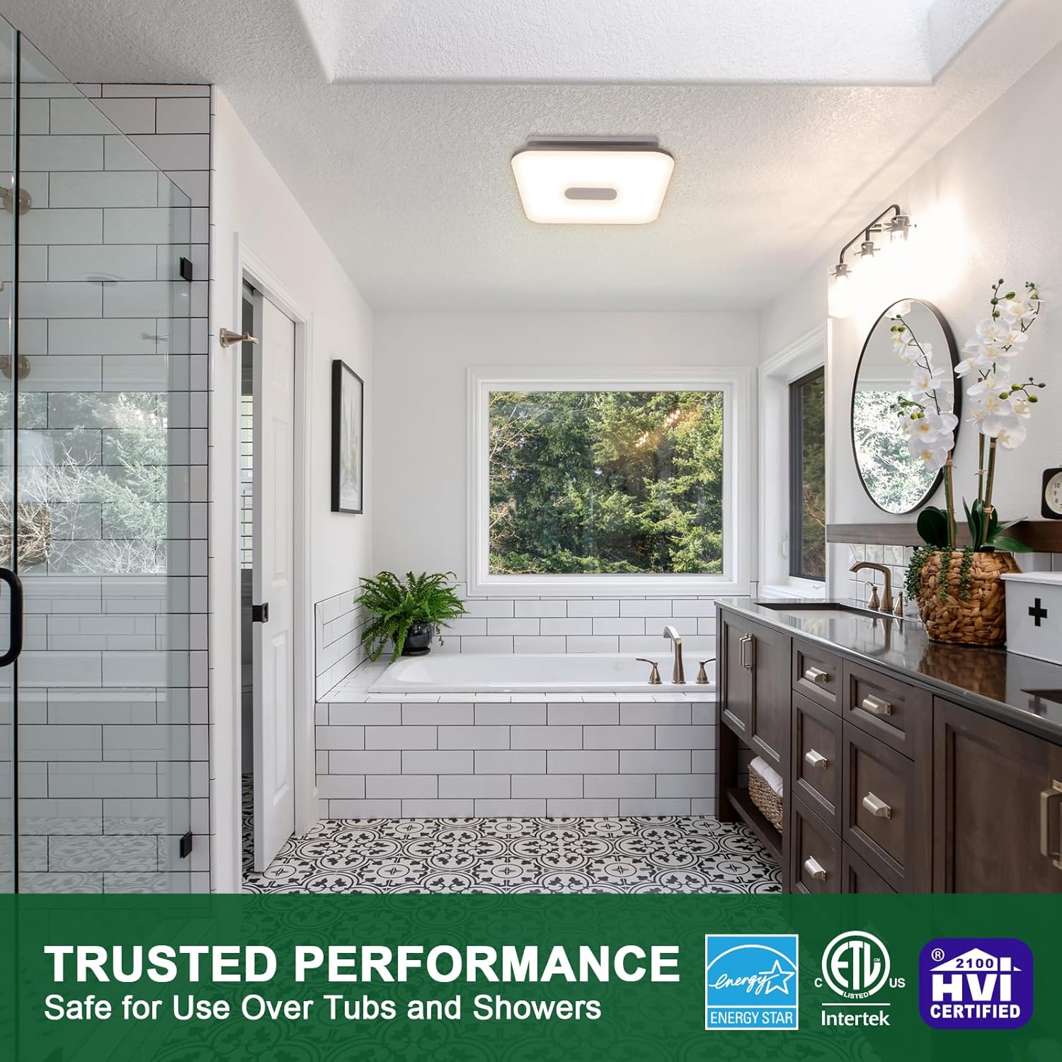 Akicon Bathroom Exhaust Fan with Light, 15W Dimmable 3CCT LED Light with 5W Night Light Bathroom Fans for Ceiling, 90 CFM, 1.5 Sones Ventilation Fan for Bathroom and Home, Square, Silver