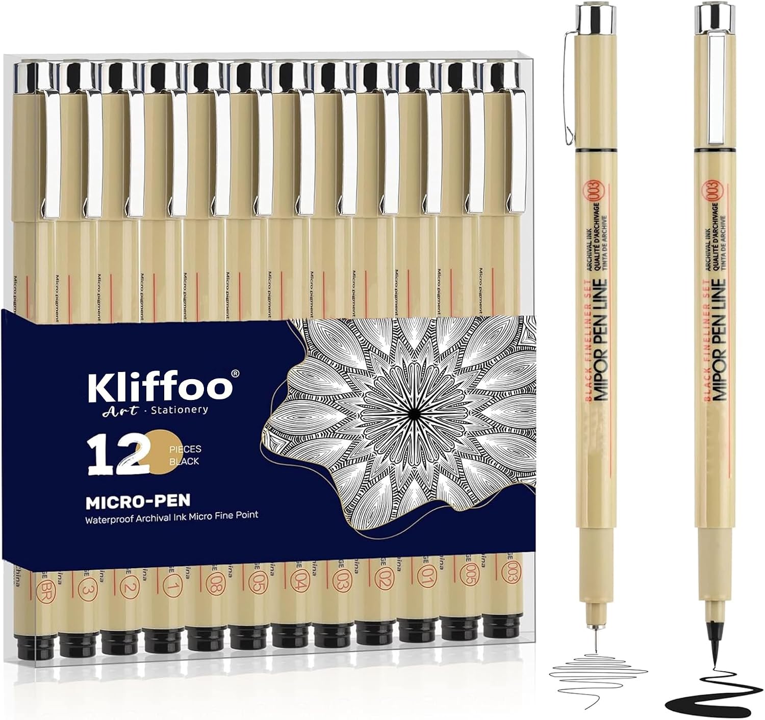 Micro Fineliner Drawing Art Pens 12pcs Pigment Fine Point Archival Black Ink Pen for Writing, Illustration,Zentangle,Calligraphy,Technical,Sketching or Journaling-Point Size 0.2mm - 3mm