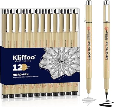 Micro Fineliner Drawing Art Pens,12pcs Fine Point Waterproof Archival Black Ink Marker for Artists,Writing,Manga,Sketching & Outlining,Tip Size 0.2mm-3mm Black, 1 count Pack of 12