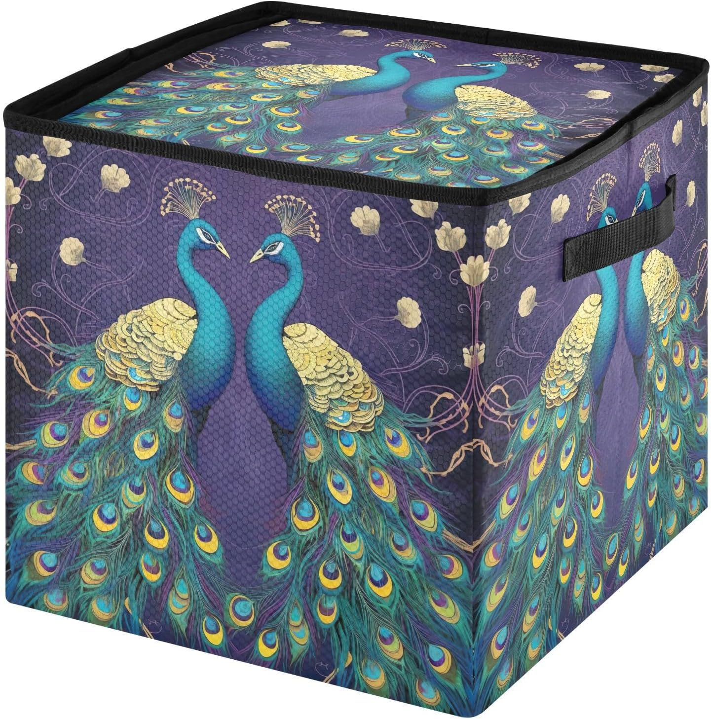 Peacocks on Purple 13 Inch Christmas Ornament Storage Box with Lid - Holiday Decor Storage Containers, Stores 64 Ornaments, 3 Inch Cube Compartments