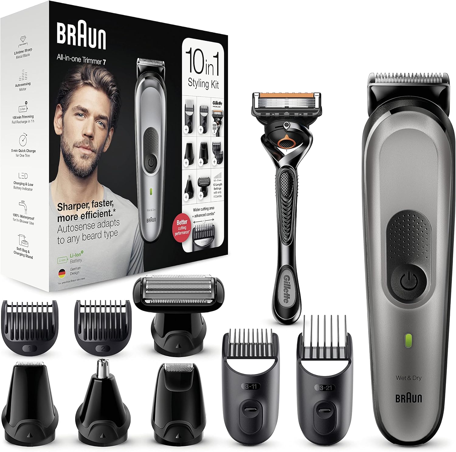 Braun baardtrimmer & tondeuse multi-grooming Kit 7, 10-In-1, voor mannen, neustrimmer, oortrimmer, 8 opzetstukken, MGK7320, zwart/zilver (Duits ontwerp)
