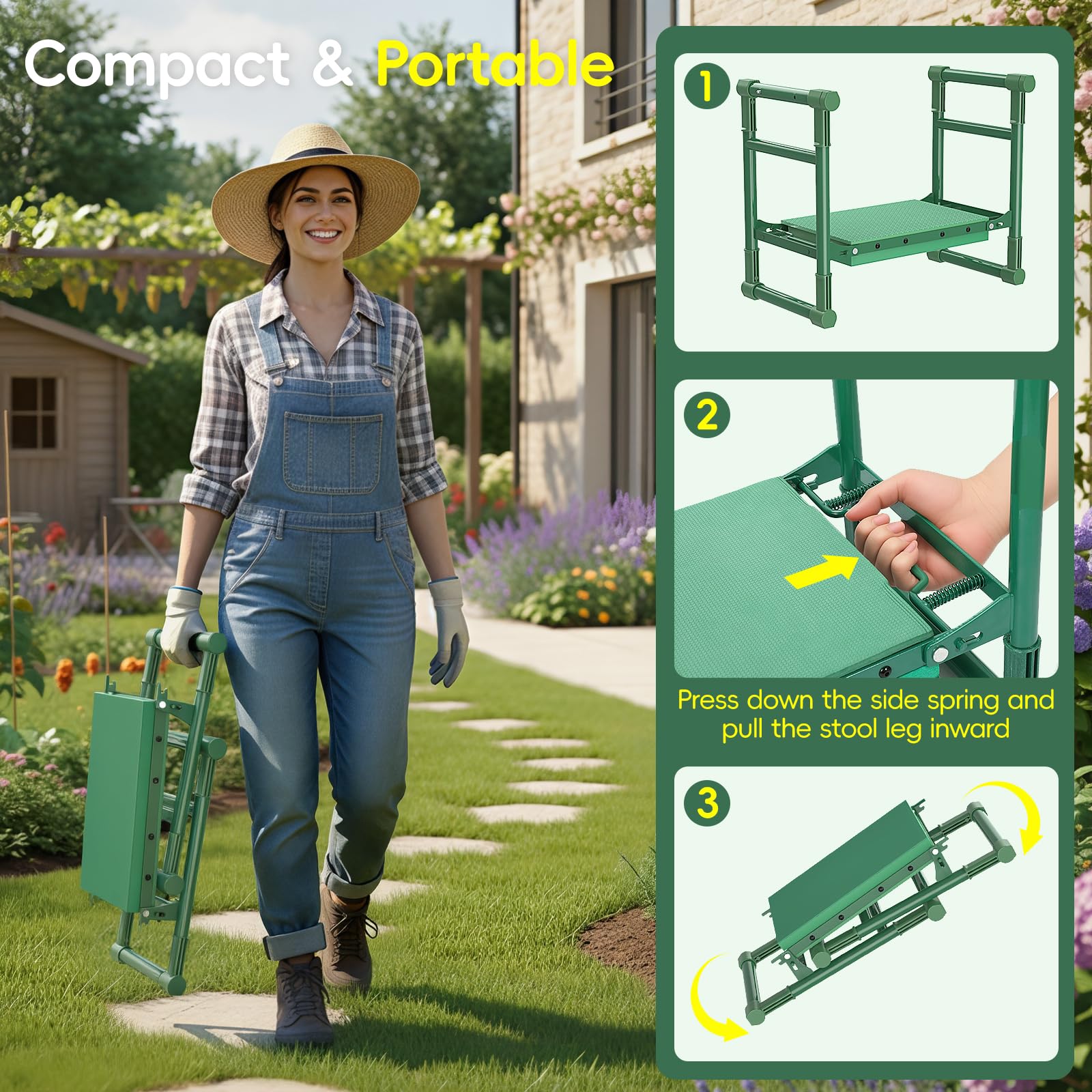 Housolution Rodillera y Asiento de Jardín Patas Extensibles Anti-Caída, Taburete Plegable con 2 Bolsas Herramientas, Almohadilla Gruesa Suave – Regalo Jardinería para Mujeres Hombres Adultos Mayores