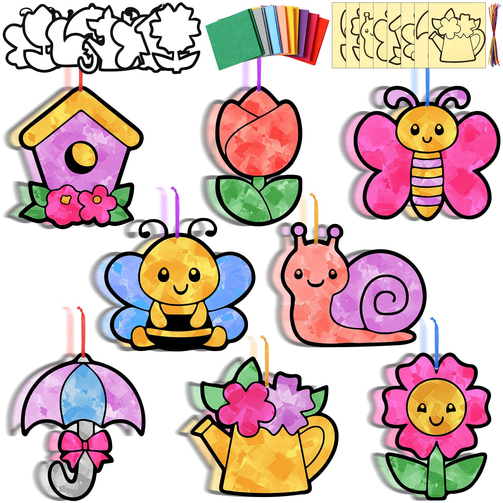 Motipuns 32 Pcs Spring Suncatcher Craft Kit for Adults, Cute Spring Animals Flowers DIY Window Art for Easter VBS Sunday School Activities